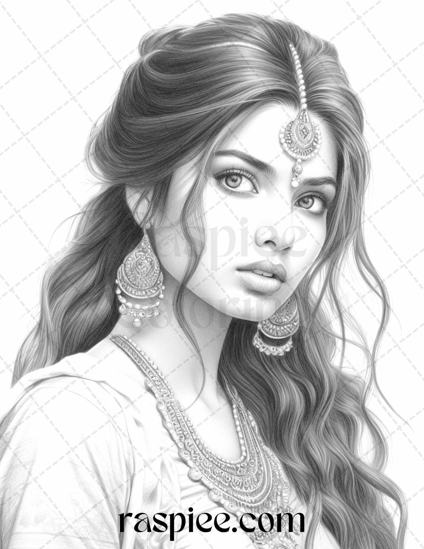 50 Beautiful Indian Women Grayscale Coloring Pages for Adults, Printable PDF File Instant Download