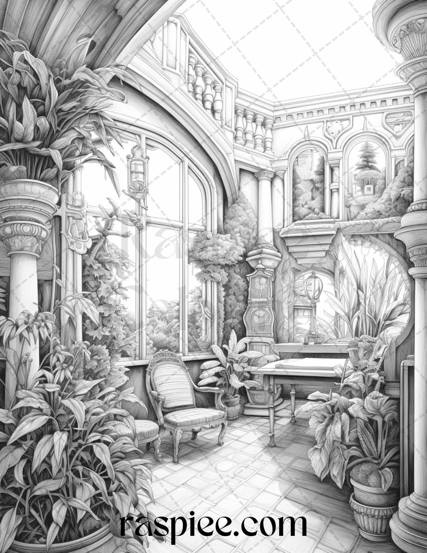 Fantasy Interior Grayscale Coloring Pages for Adults, Printable PDF File Instant Download