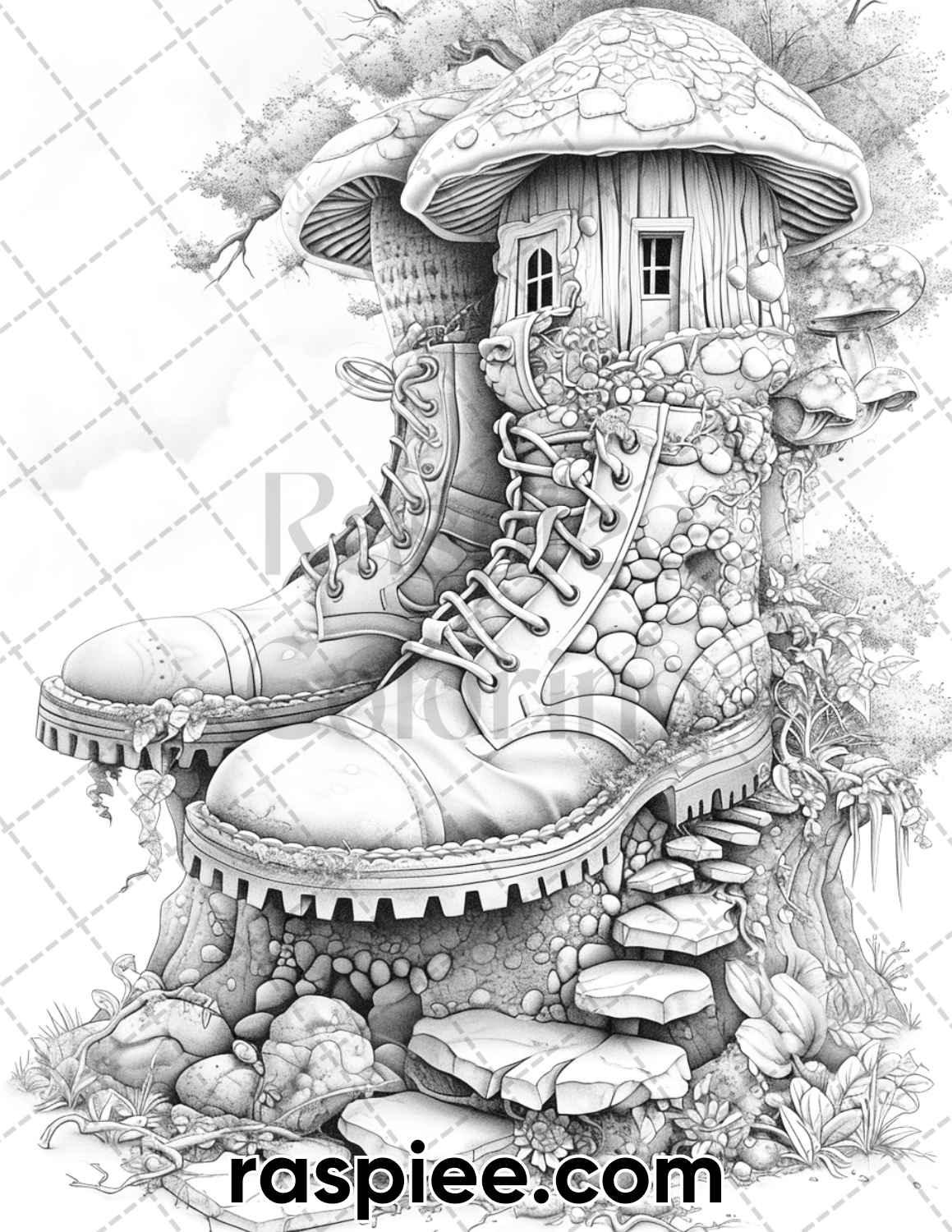 80 Fantasy Shoe House Grayscale Adult Coloring Pages, Printable PDF Instant Download