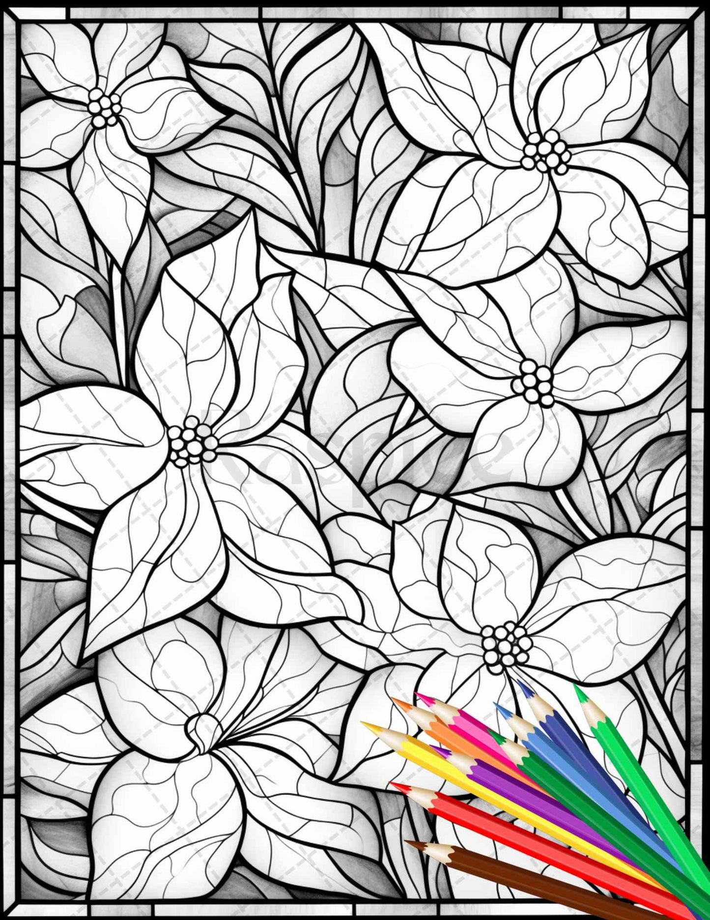 30 Stained Glass Flowers Grayscale Coloring Pages Printable for Adults, PDF File Instant Download