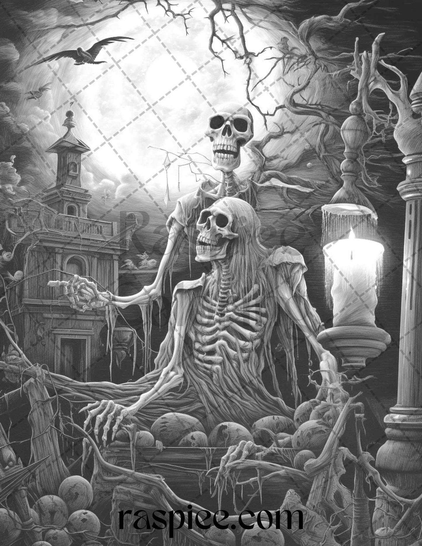 60 Halloween Nightmare Grayscale Coloring Pages Printable for Adults, PDF File Instant Download