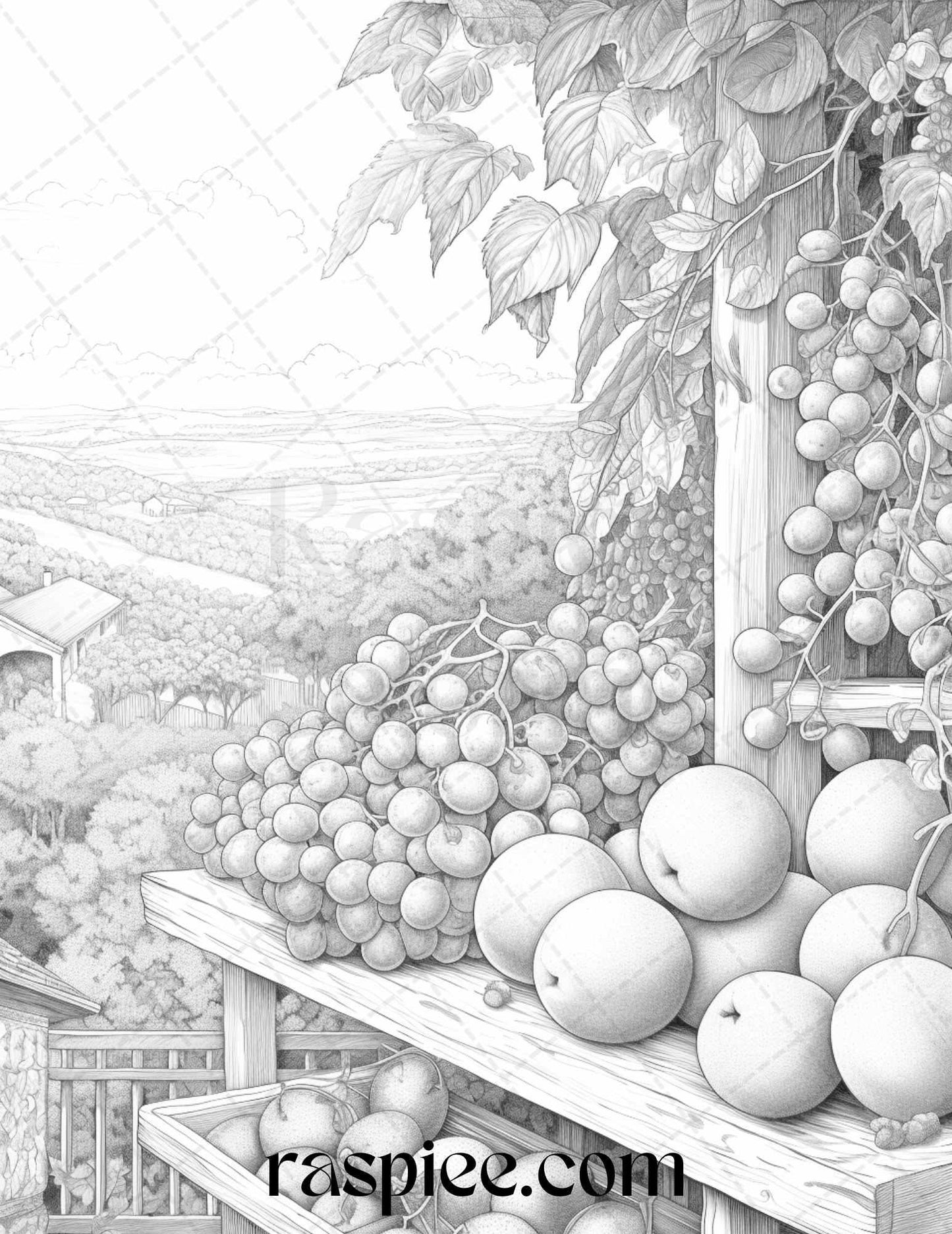 Relaxing Fruit Garden Grayscale Coloring Pages Printable for Adults, PDF File Instant Download
