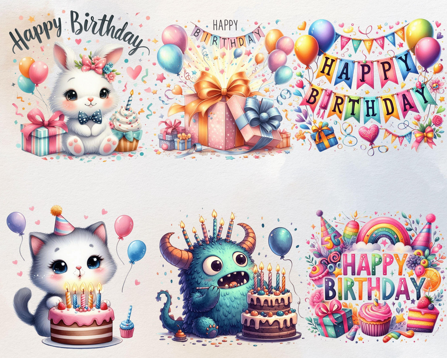 Watercolor Happy Birthday Clipart Bundle, 70 PNG High-Res Files for DIY Projects and Commercial Use