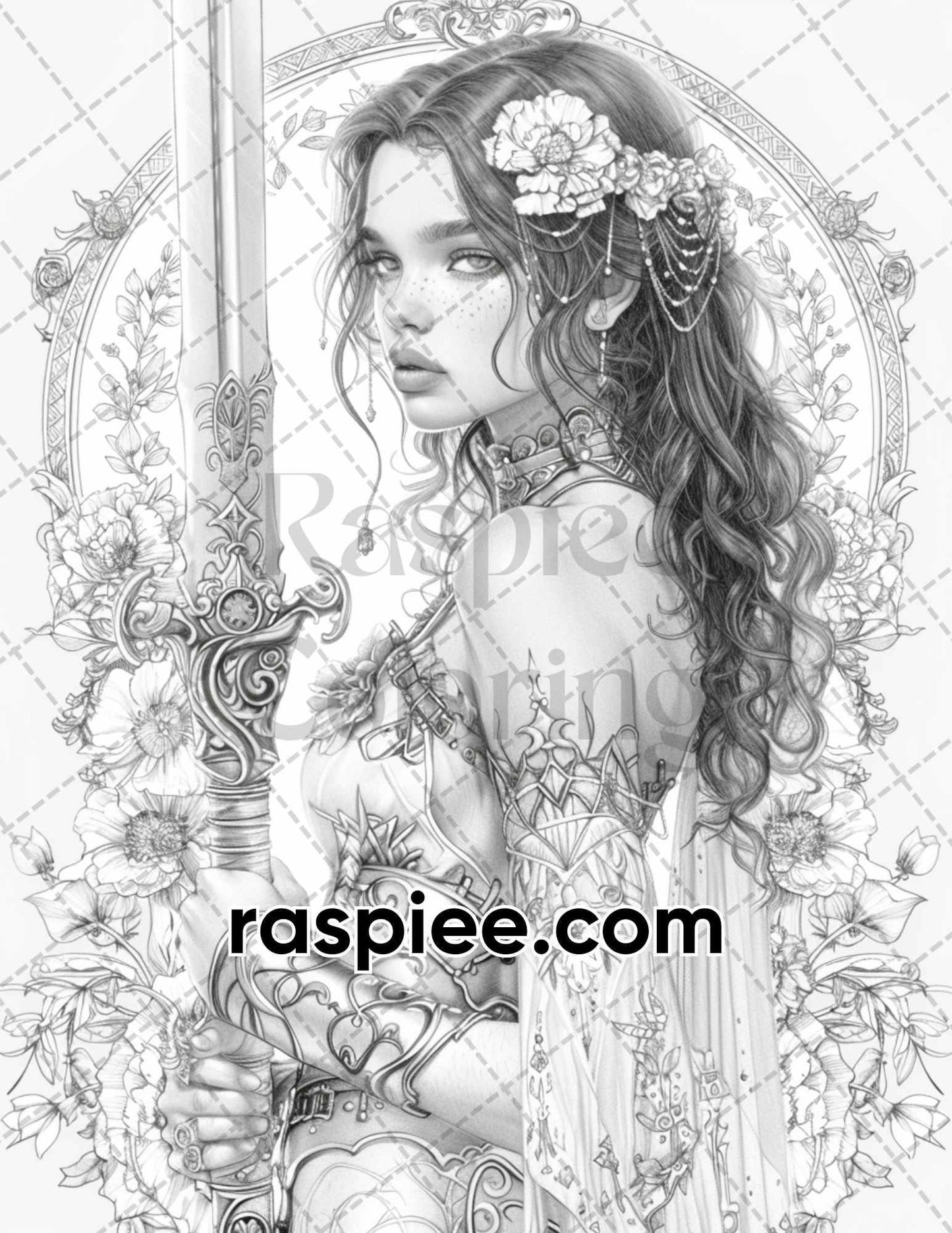 60 Beautiful Warriors Grayscale Adult Coloring Pages, Printable PDF Instant Download