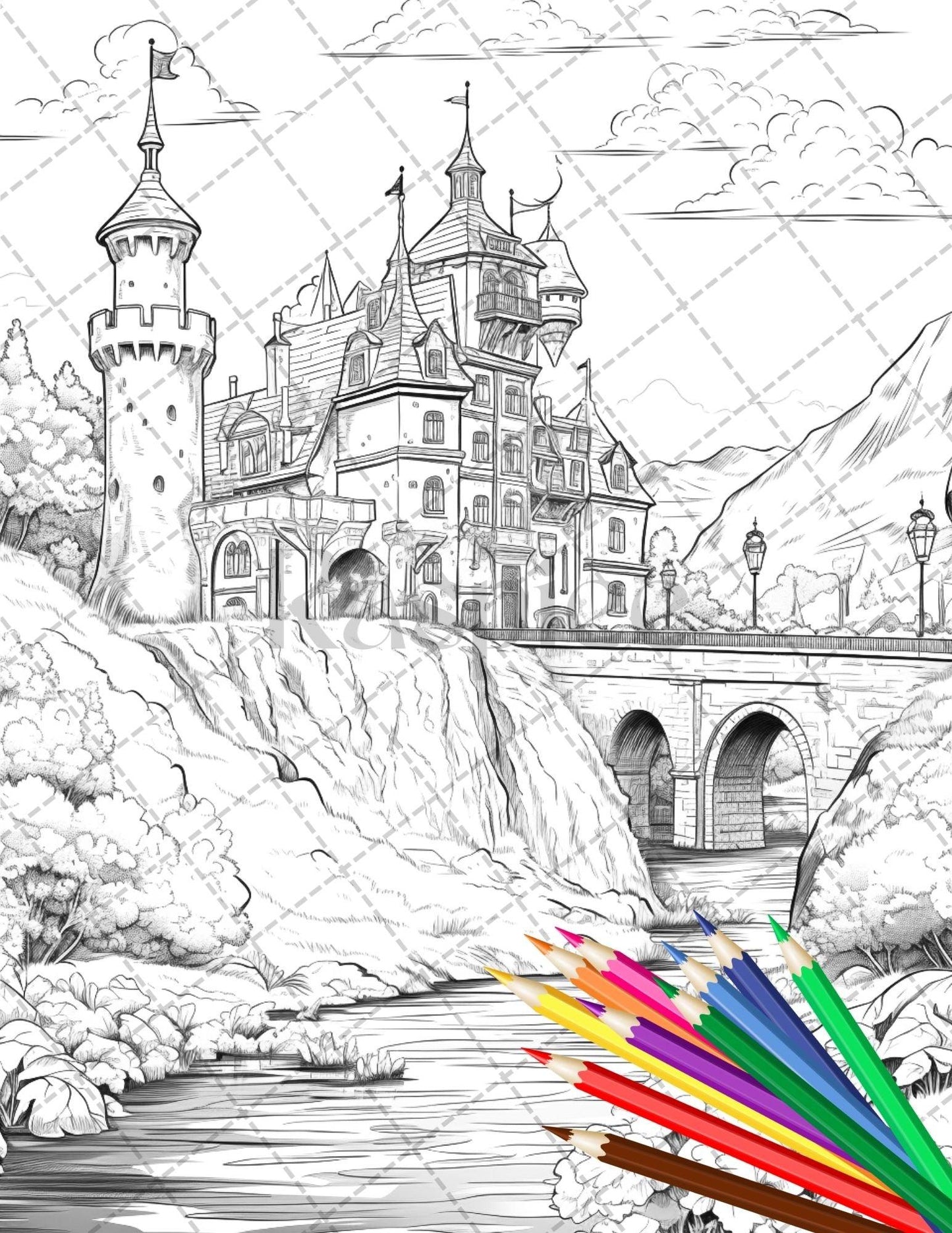 122 Fantasy Castles Coloring Book for Adults, Grayscale Coloring Page, Printable PDF Instant Download