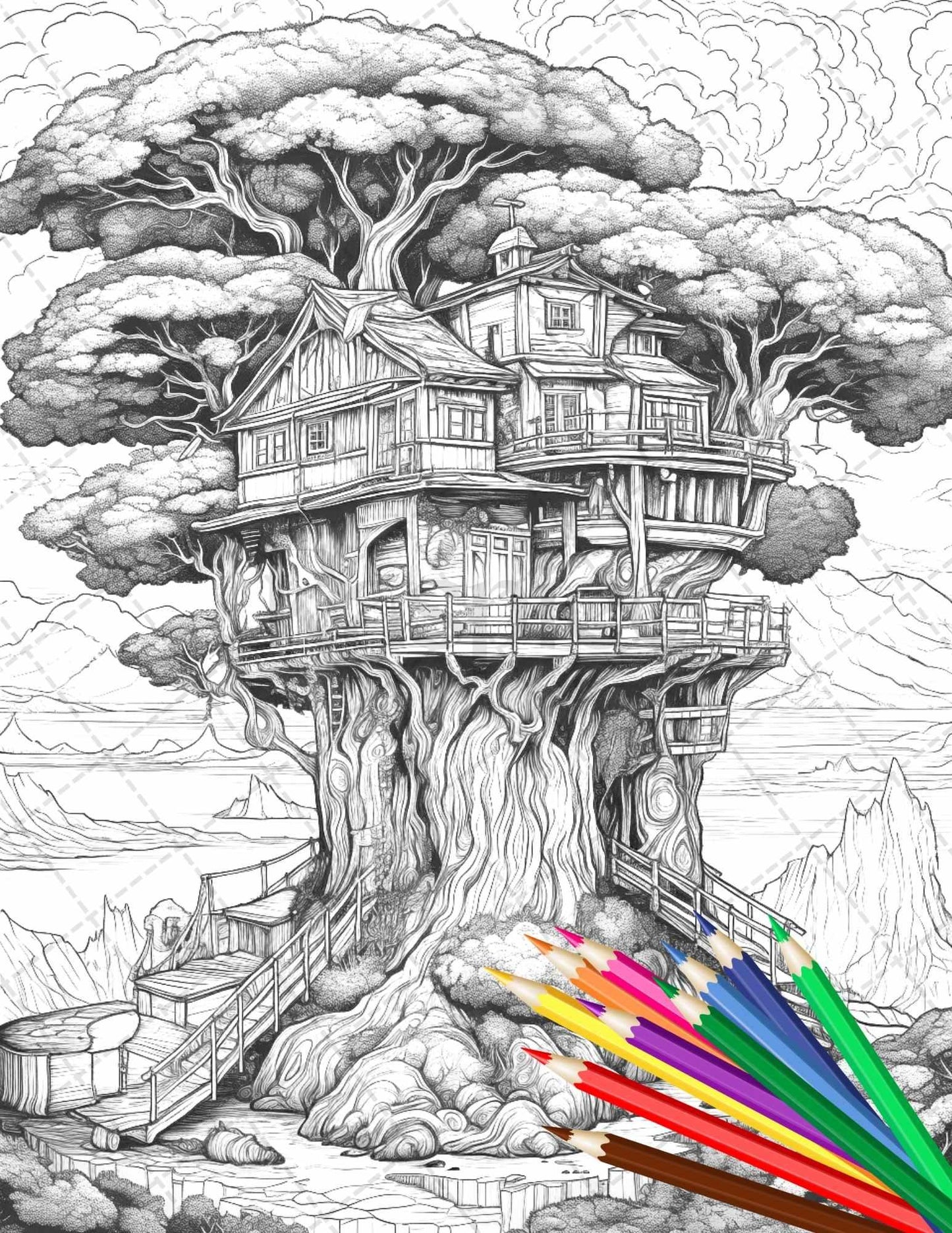 110 Enchanted Treehouse Coloring Book Printable for Adults, Grayscale Coloring Page, PDF File Instant Download