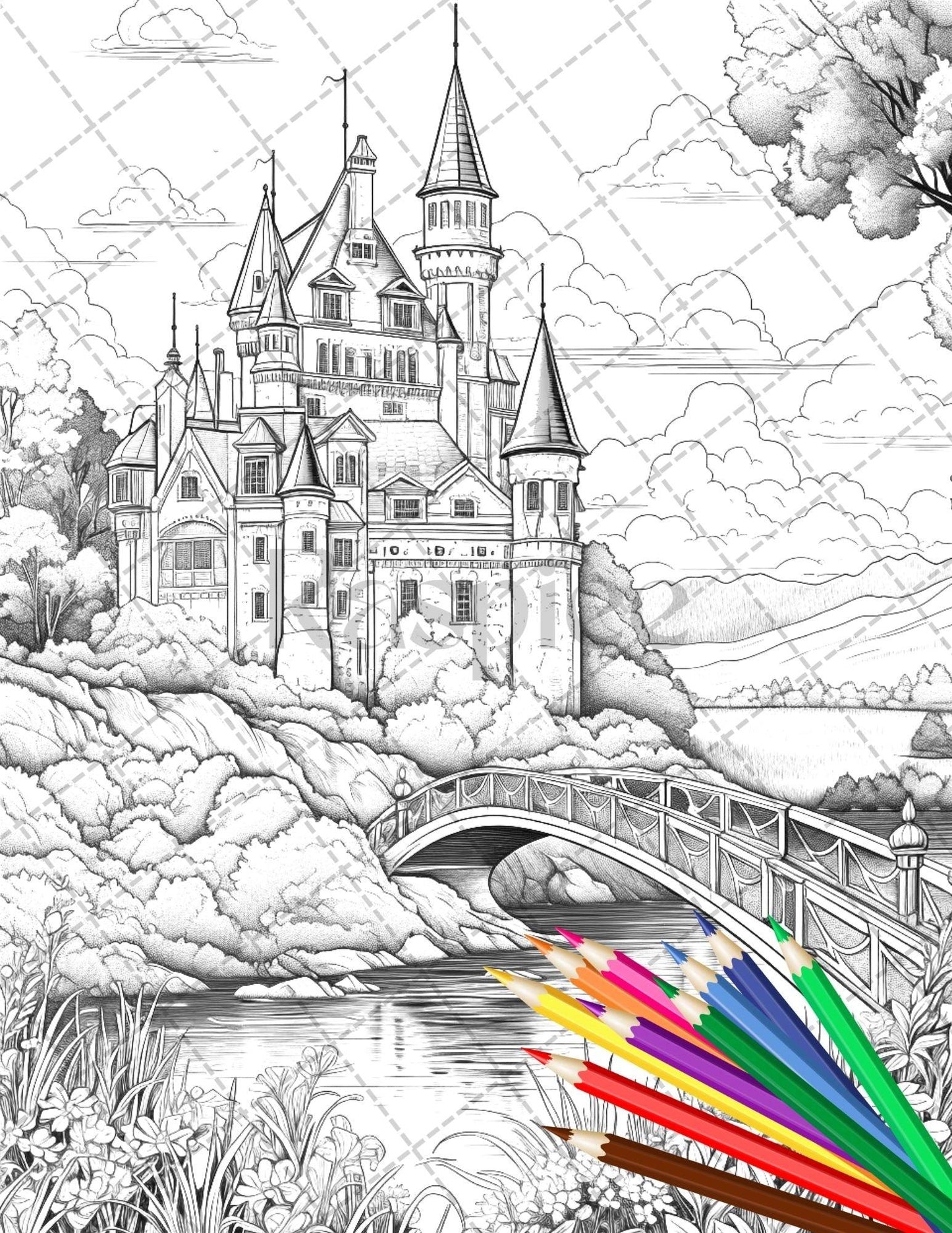 122 Fantasy Castles Coloring Book for Adults, Grayscale Coloring Page, Printable PDF Instant Download