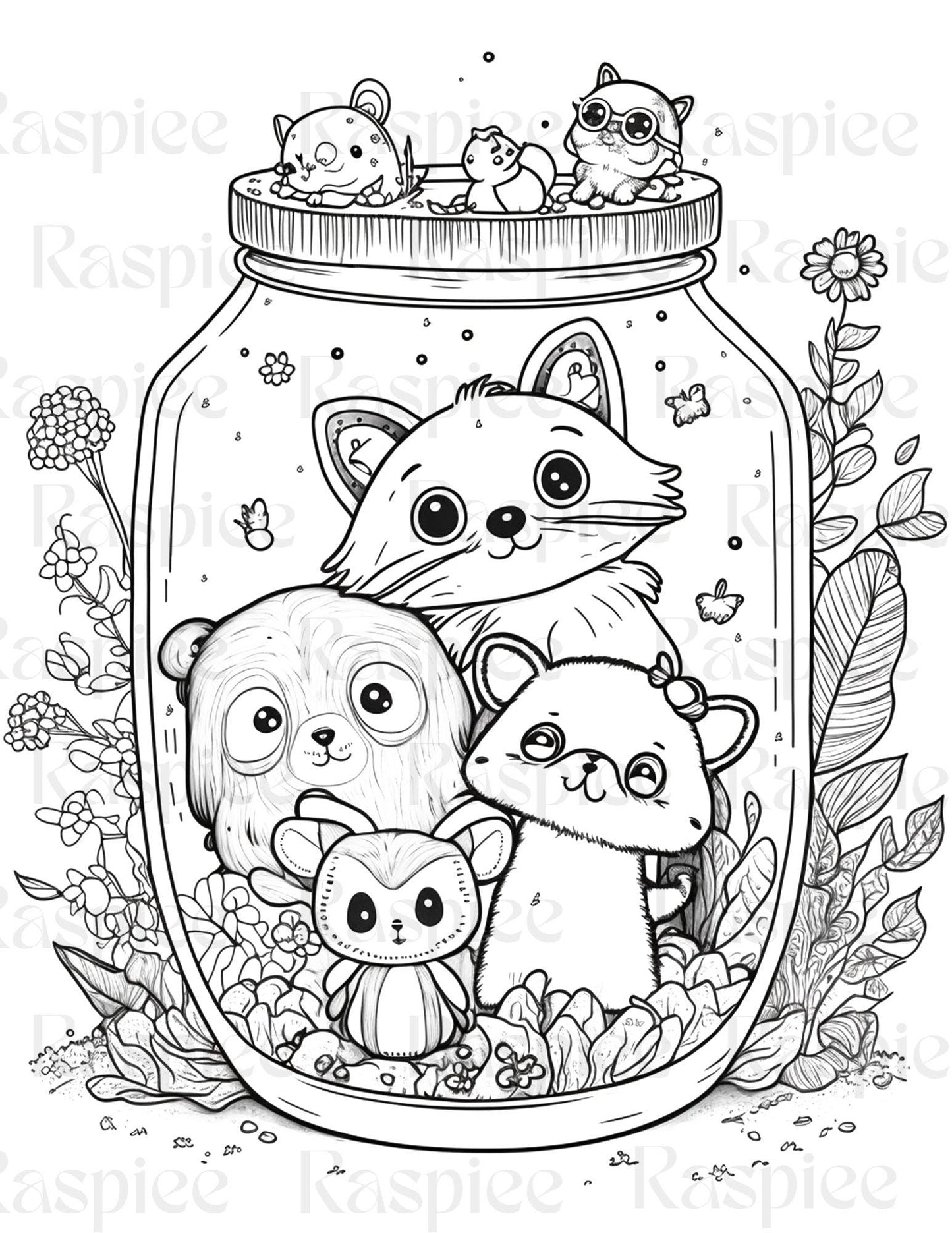 100 Animal in Jar Coloring Pages, Printable Coloring Pages for Kids and Adults, Printable PDF File Instant Download