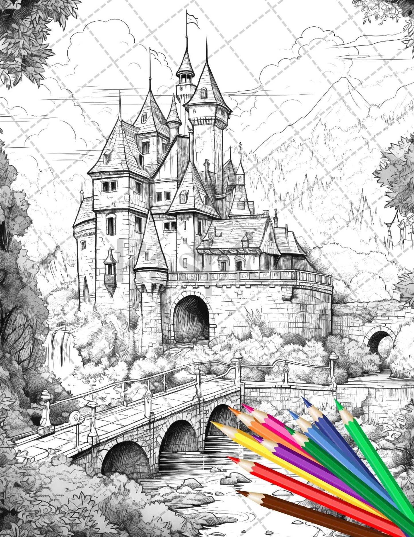 122 Fantasy Castles Coloring Book for Adults, Grayscale Coloring Page, Printable PDF Instant Download