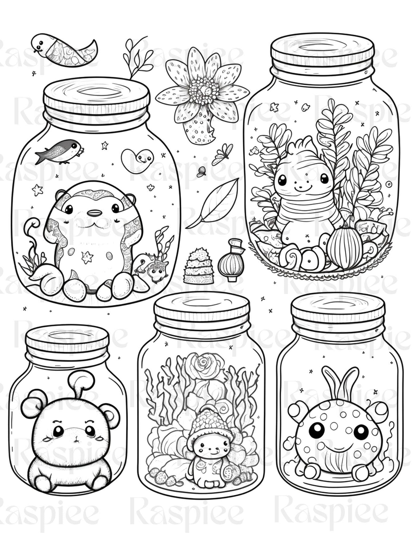 100 Animal in Jar Coloring Pages, Printable Coloring Pages for Kids and Adults, Printable PDF File Instant Download