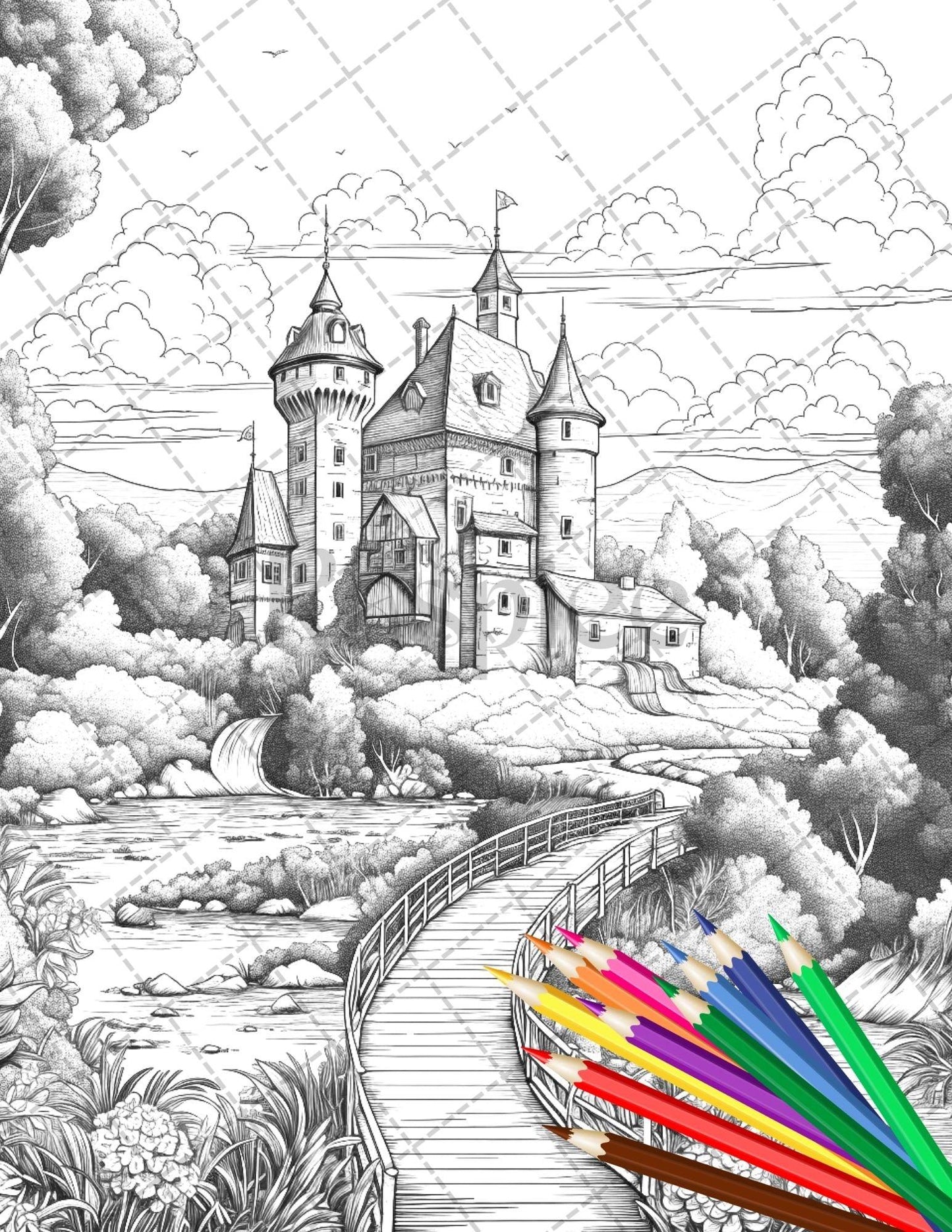 122 Fantasy Castles Coloring Book for Adults, Grayscale Coloring Page, Printable PDF Instant Download