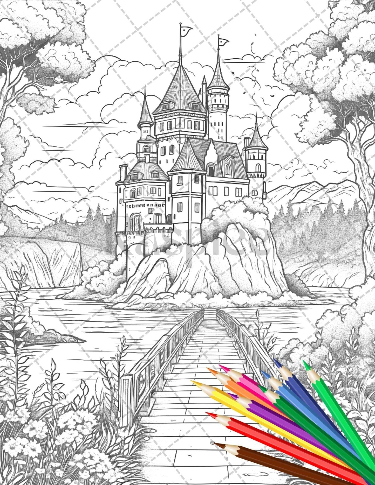 122 Fantasy Castles Coloring Book for Adults, Grayscale Coloring Page, Printable PDF Instant Download