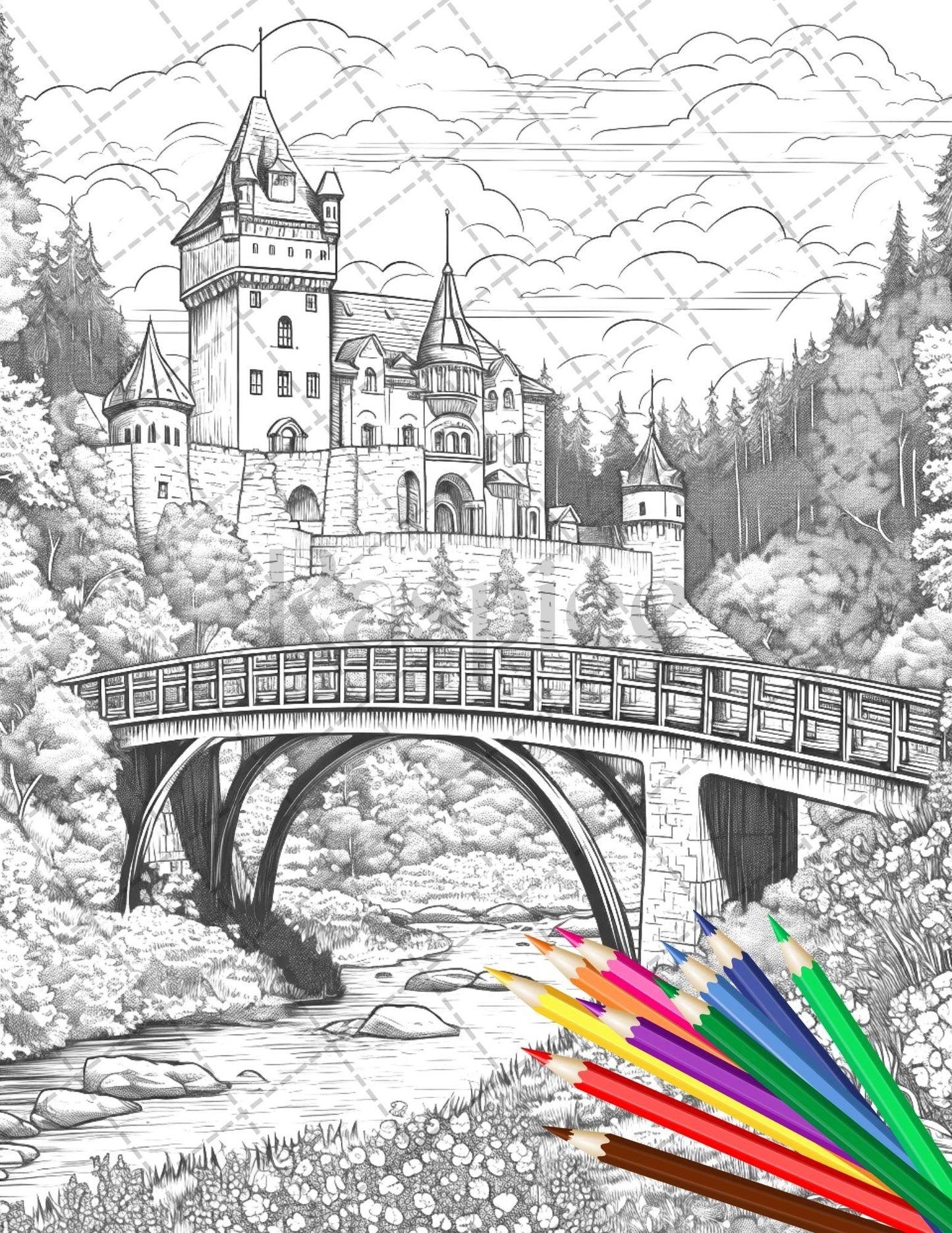 122 Fantasy Castles Coloring Book for Adults, Grayscale Coloring Page, Printable PDF Instant Download