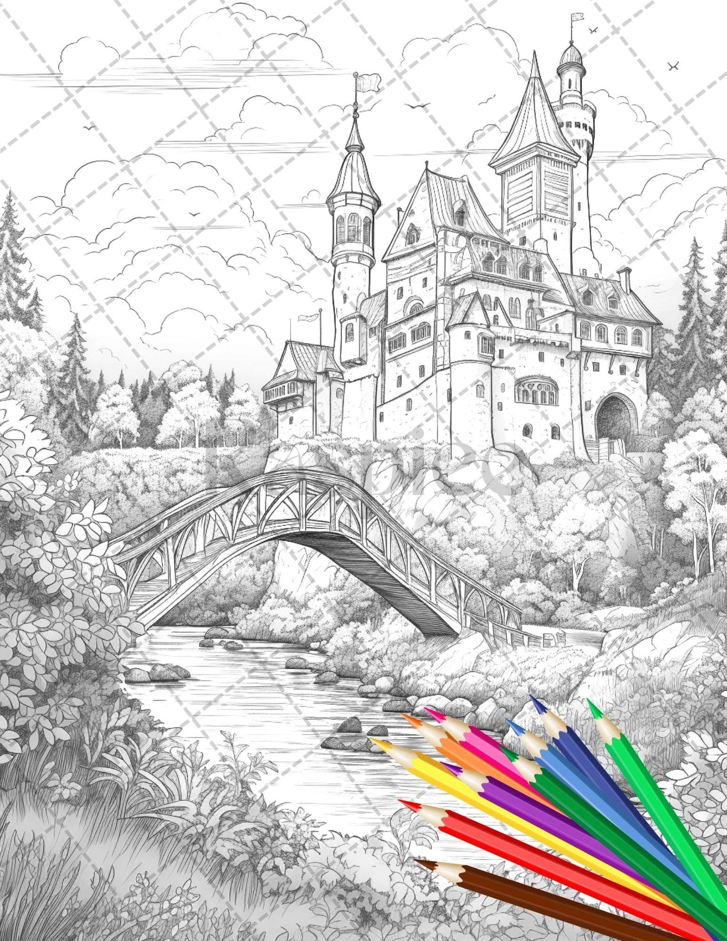 122 Fantasy Castles Coloring Book for Adults, Grayscale Coloring Page, Printable PDF Instant Download