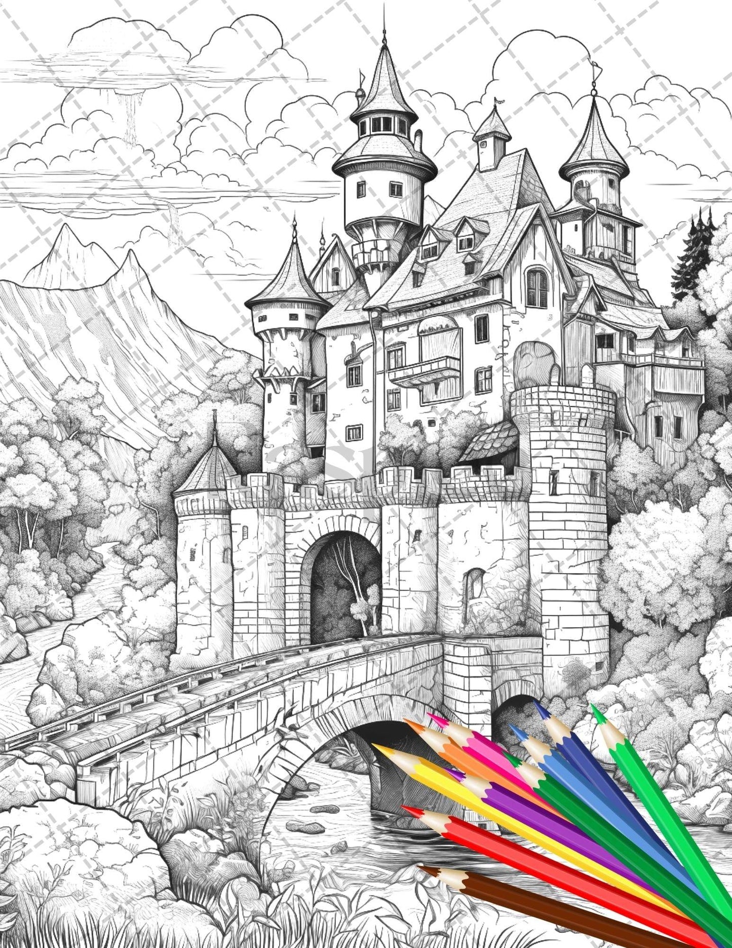 122 Fantasy Castles Coloring Book for Adults, Grayscale Coloring Page, Printable PDF Instant Download