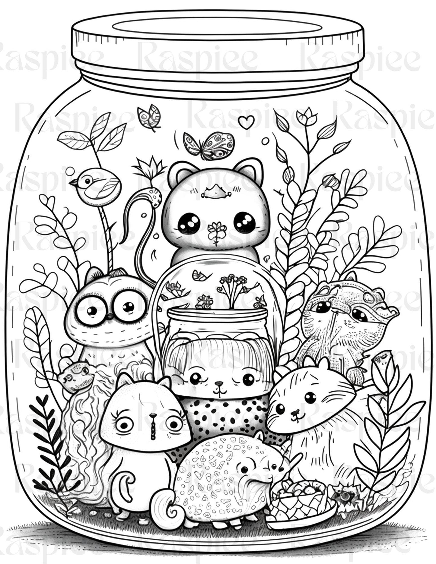 100 Animal in Jar Coloring Pages, Printable Coloring Pages for Kids and Adults, Printable PDF File Instant Download
