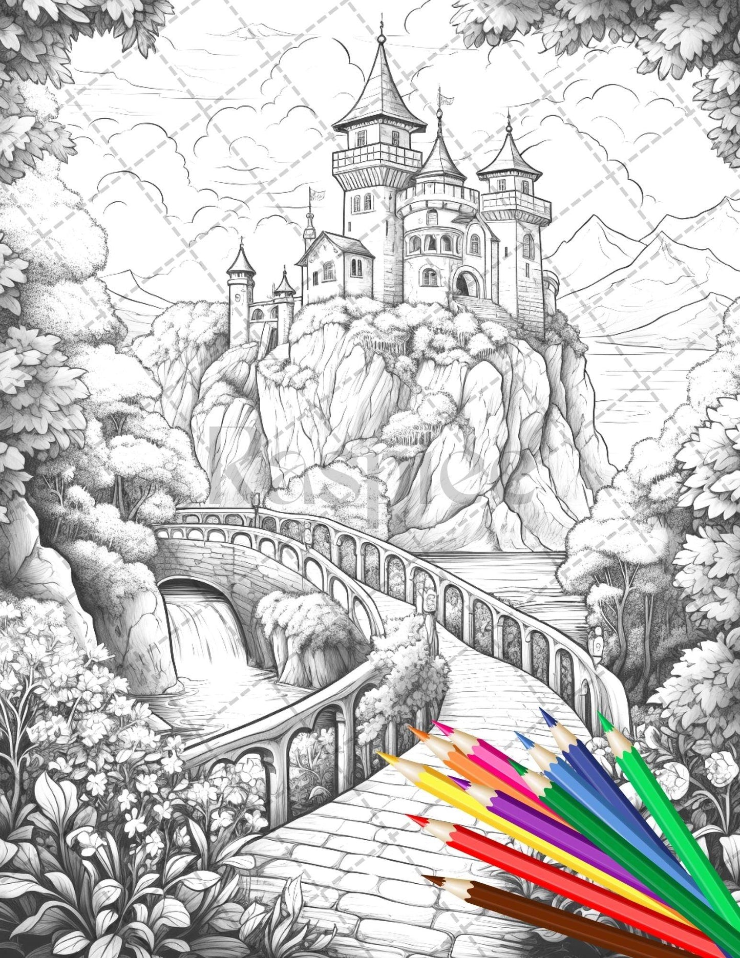 122 Fantasy Castles Coloring Book for Adults, Grayscale Coloring Page, Printable PDF Instant Download