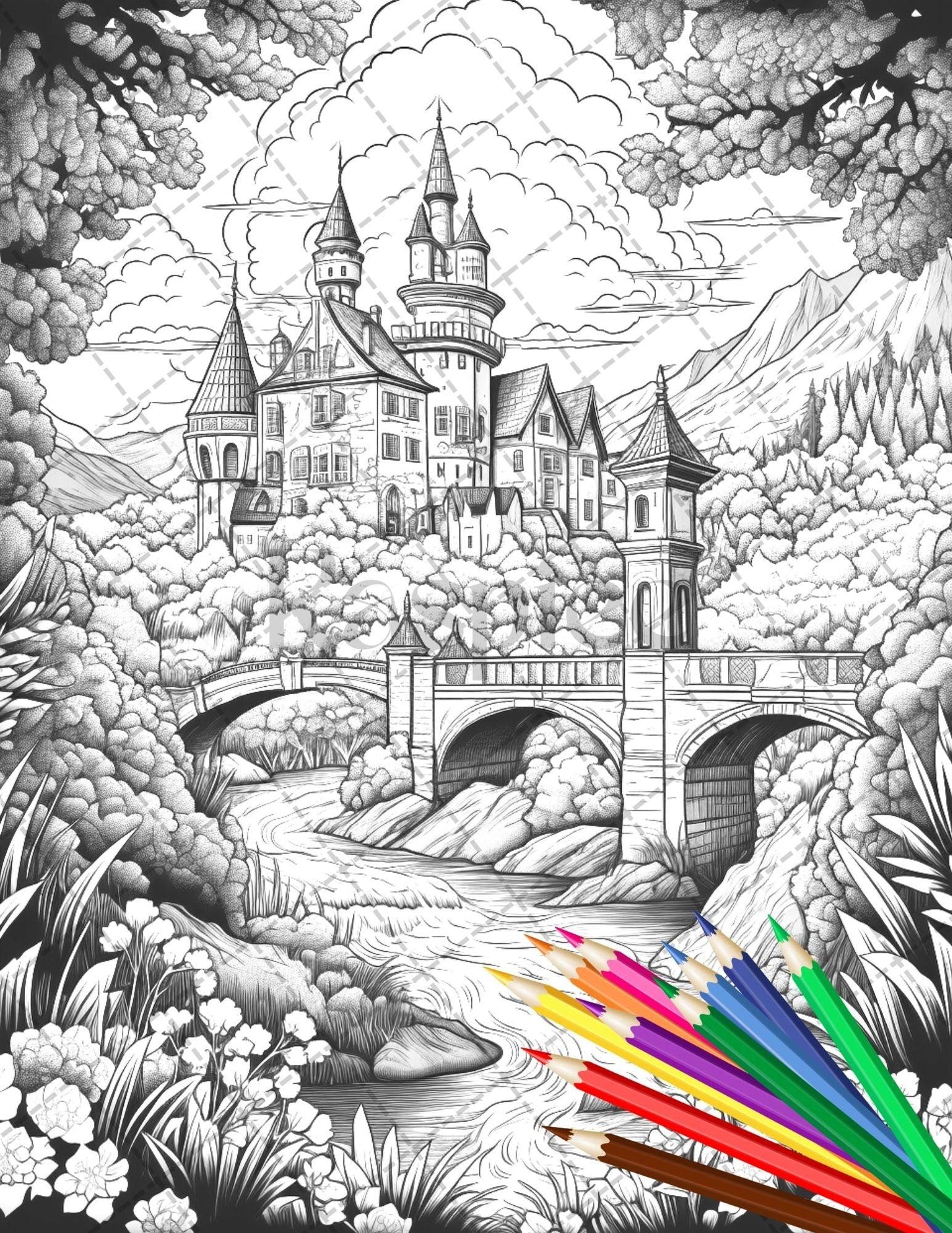 122 Fantasy Castles Coloring Book for Adults, Grayscale Coloring Page, Printable PDF Instant Download