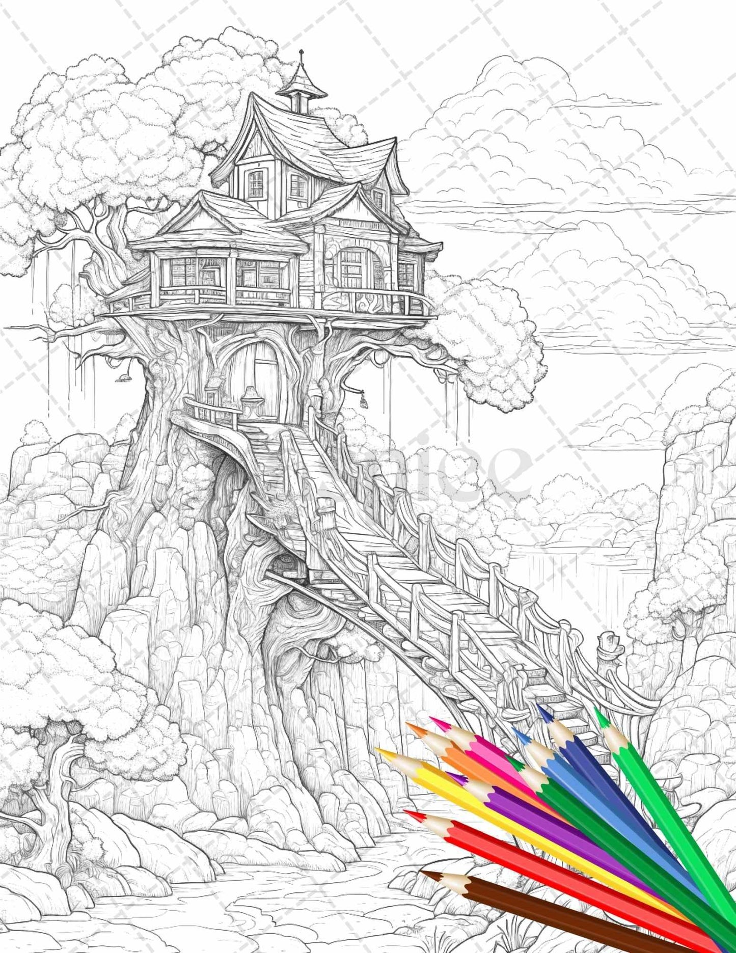 110 Enchanted Treehouse Coloring Book Printable for Adults, Grayscale Coloring Page, PDF File Instant Download