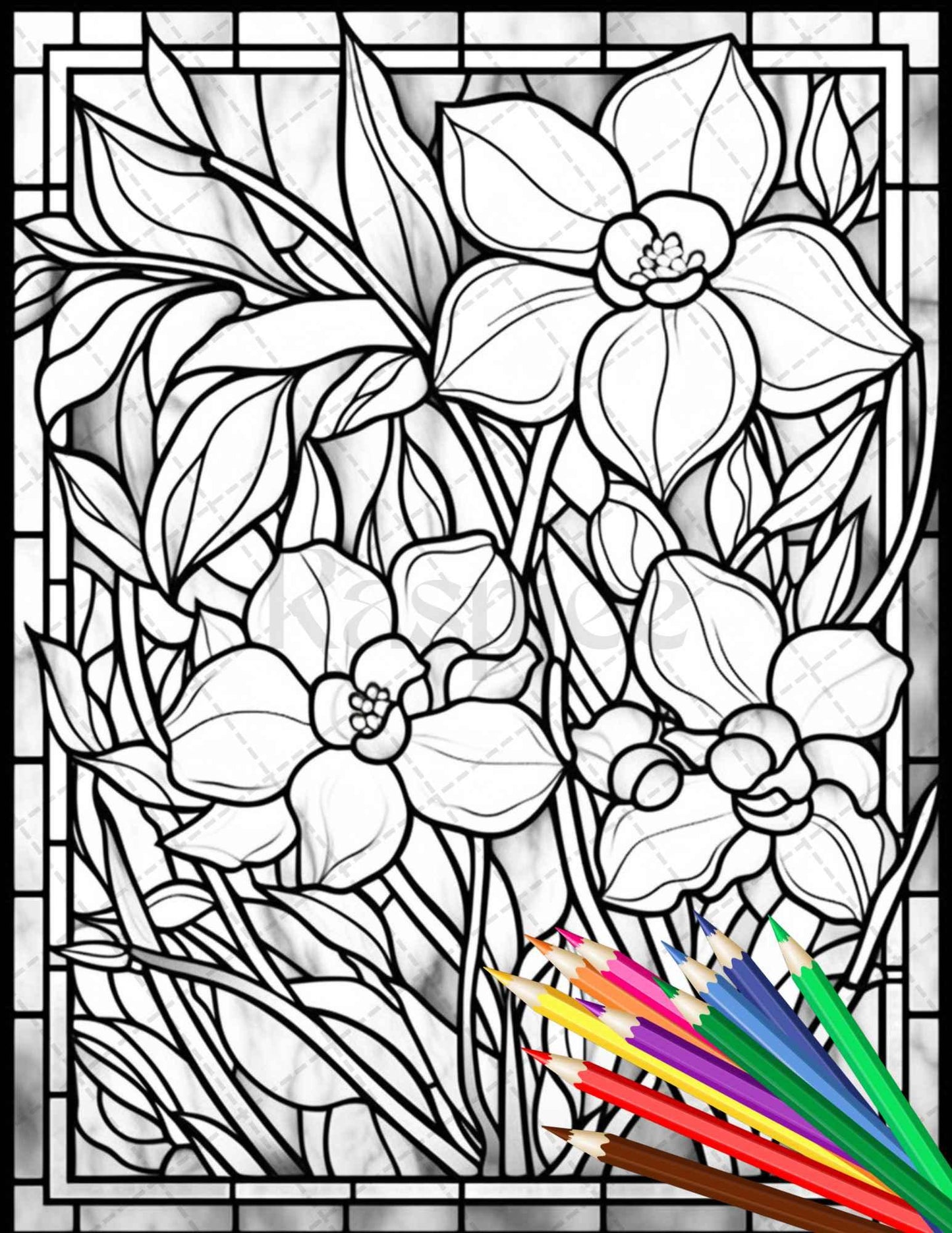 30 Stained Glass Flowers Grayscale Coloring Pages Printable for Adults, PDF File Instant Download