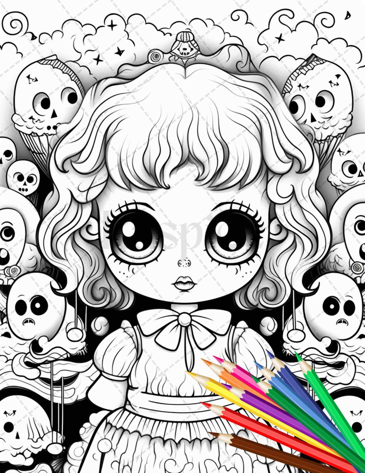 32 Creepy Kawaii Pastel Goth Coloring Pages Printable for Adults, Grayscale Coloring Page, PDF File Instant Download