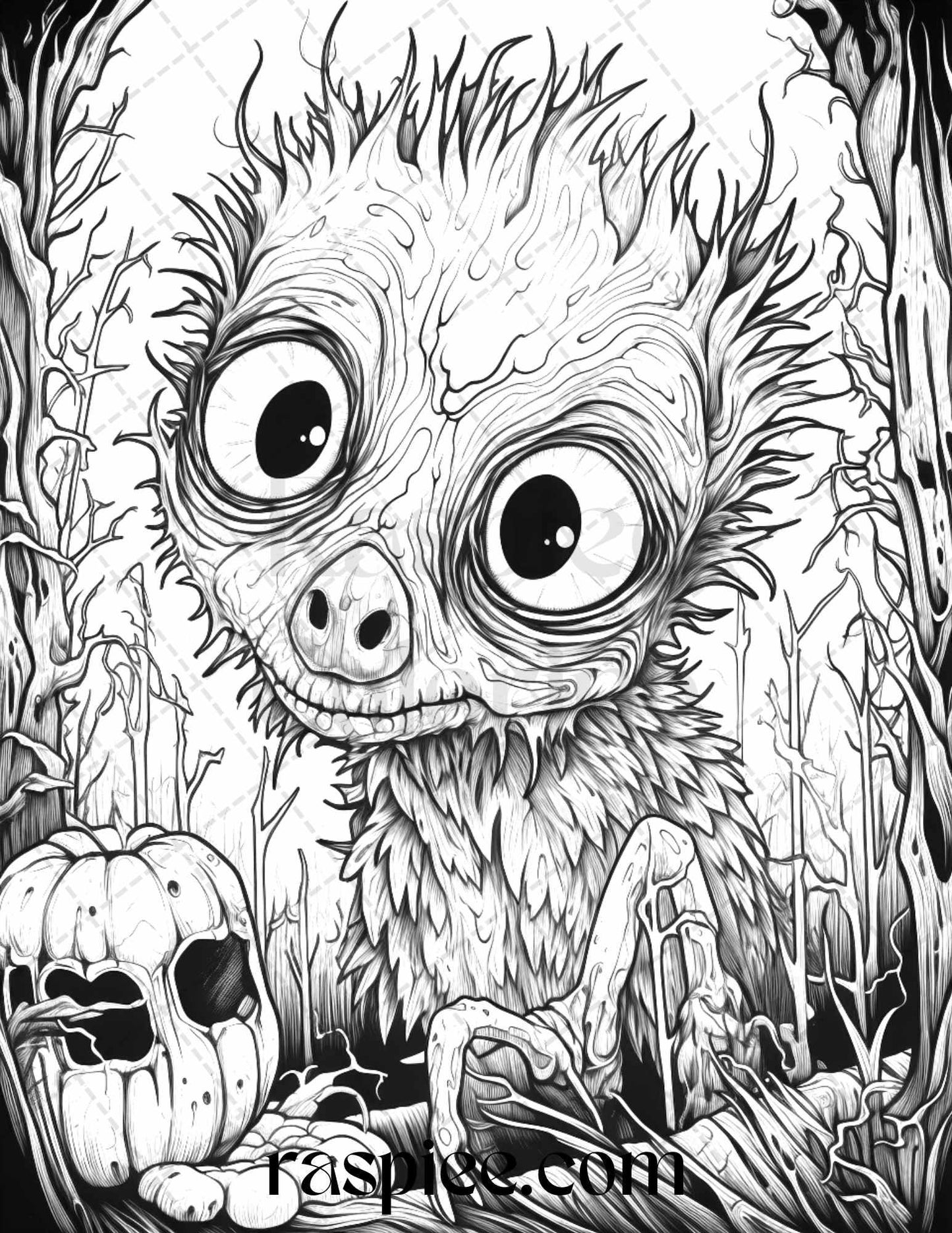 50 Halloween Scary Animals Grayscale Coloring Pages Printable for Adults, PDF File Instant Download