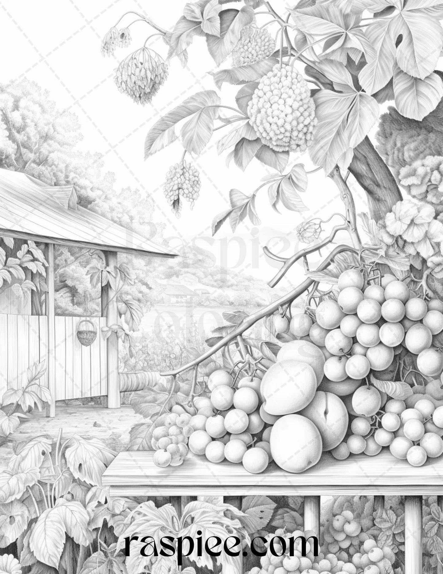Relaxing Fruit Garden Grayscale Coloring Pages Printable for Adults, PDF File Instant Download