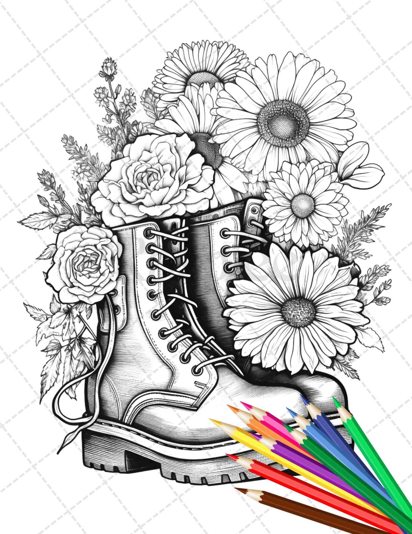 32 Flower Boots Coloring Pages Printable for Adults, Floral Grayscale Coloring Page, PDF File Instant Download