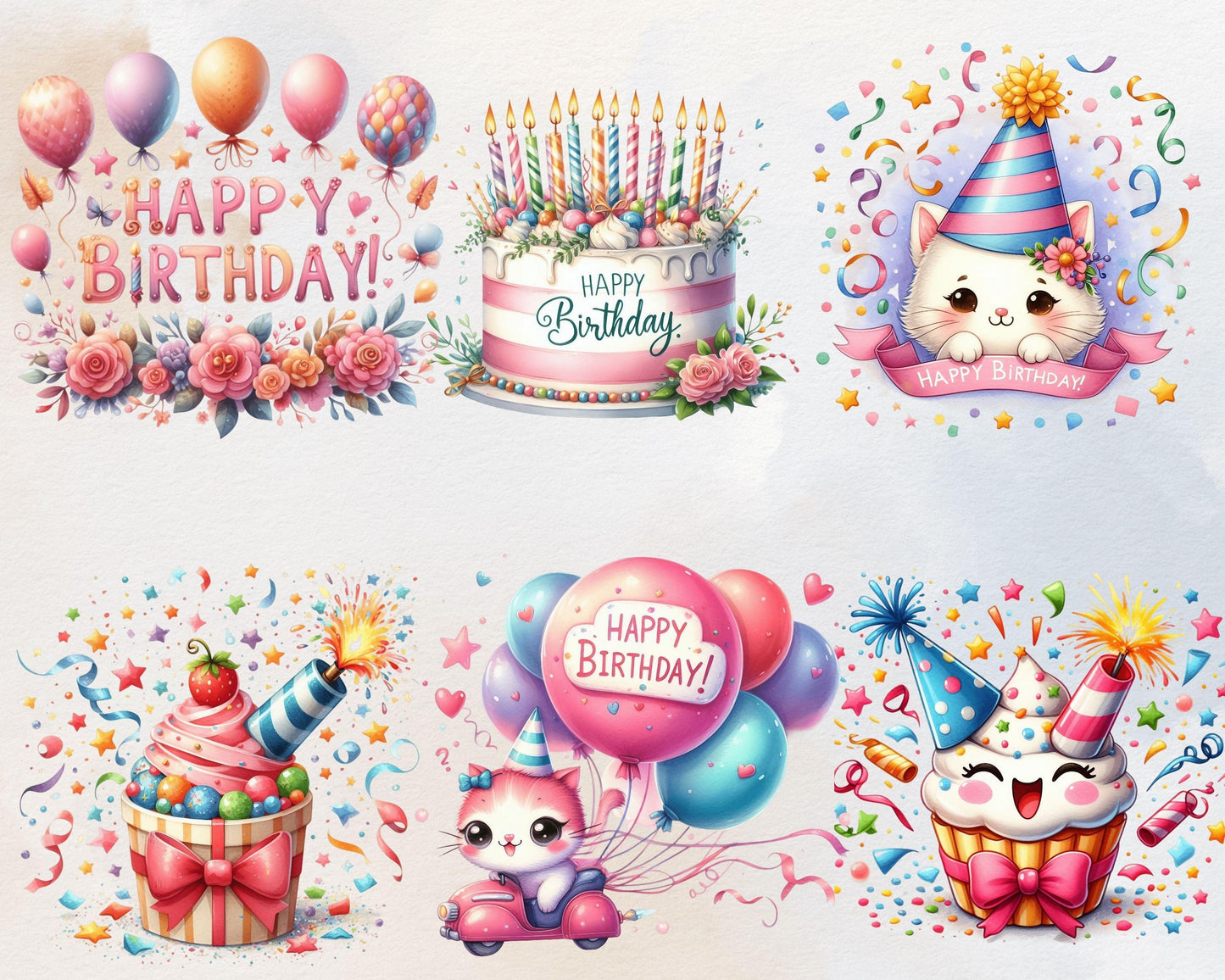 Watercolor Happy Birthday Clipart Bundle, 70 PNG High-Res Files for DIY Projects and Commercial Use