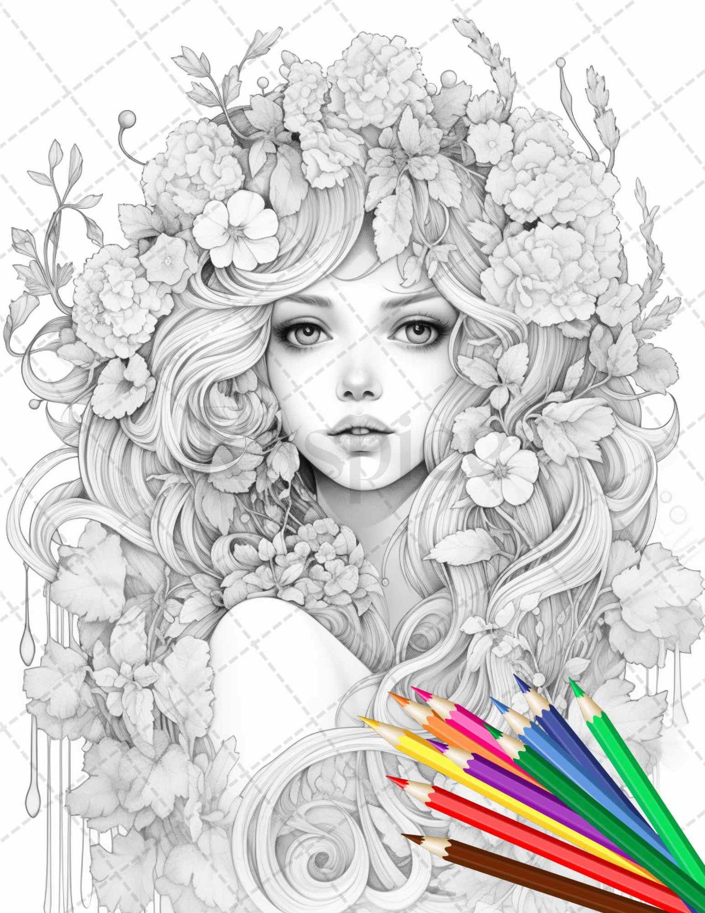 38 Flower Goddess Coloring Pages Printable for Adults, Grayscale Coloring Page, PDF File Instant Download