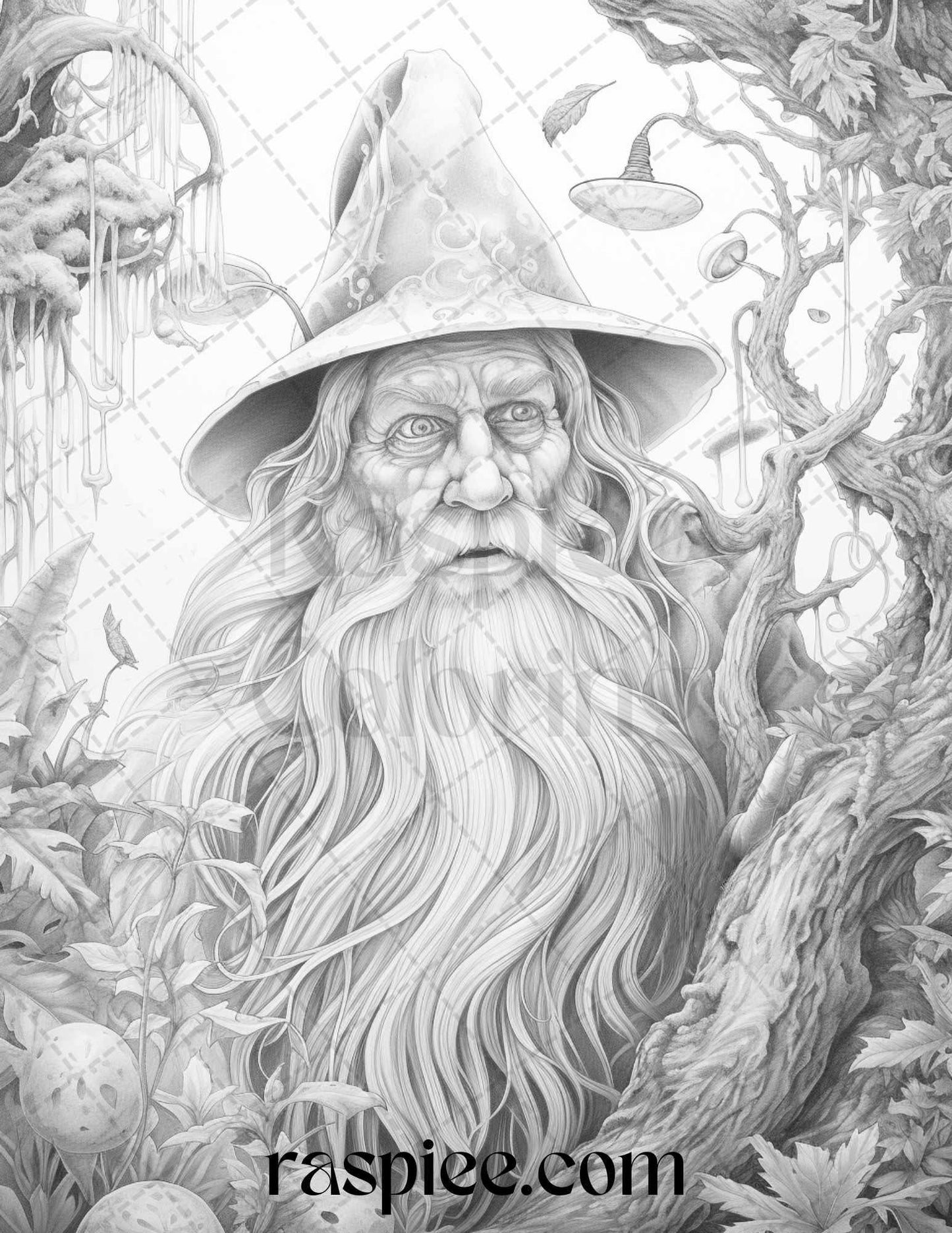 50 Magical Wizard Grayscale Coloring Pages for Adults, Printable PDF File Instant Download