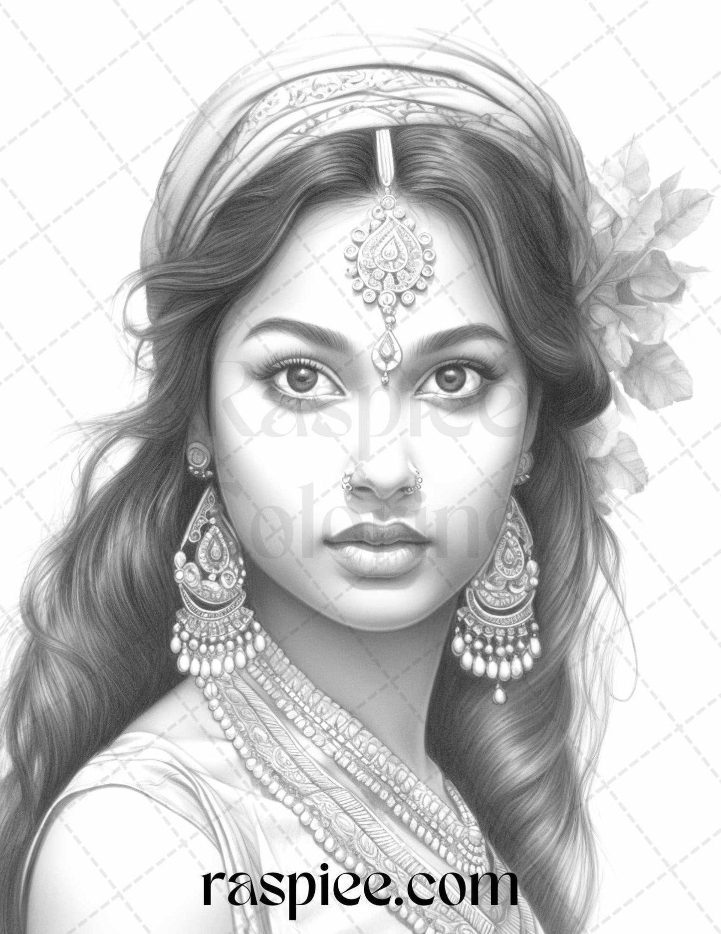 50 Beautiful Indian Women Grayscale Coloring Pages for Adults, Printable PDF File Instant Download