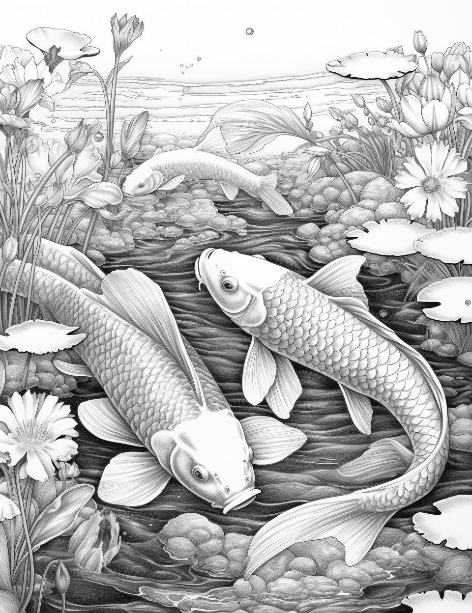 40 Tranquil Koi Pond Grayscale Adult Coloring Pages, Printable PDF Instant Download