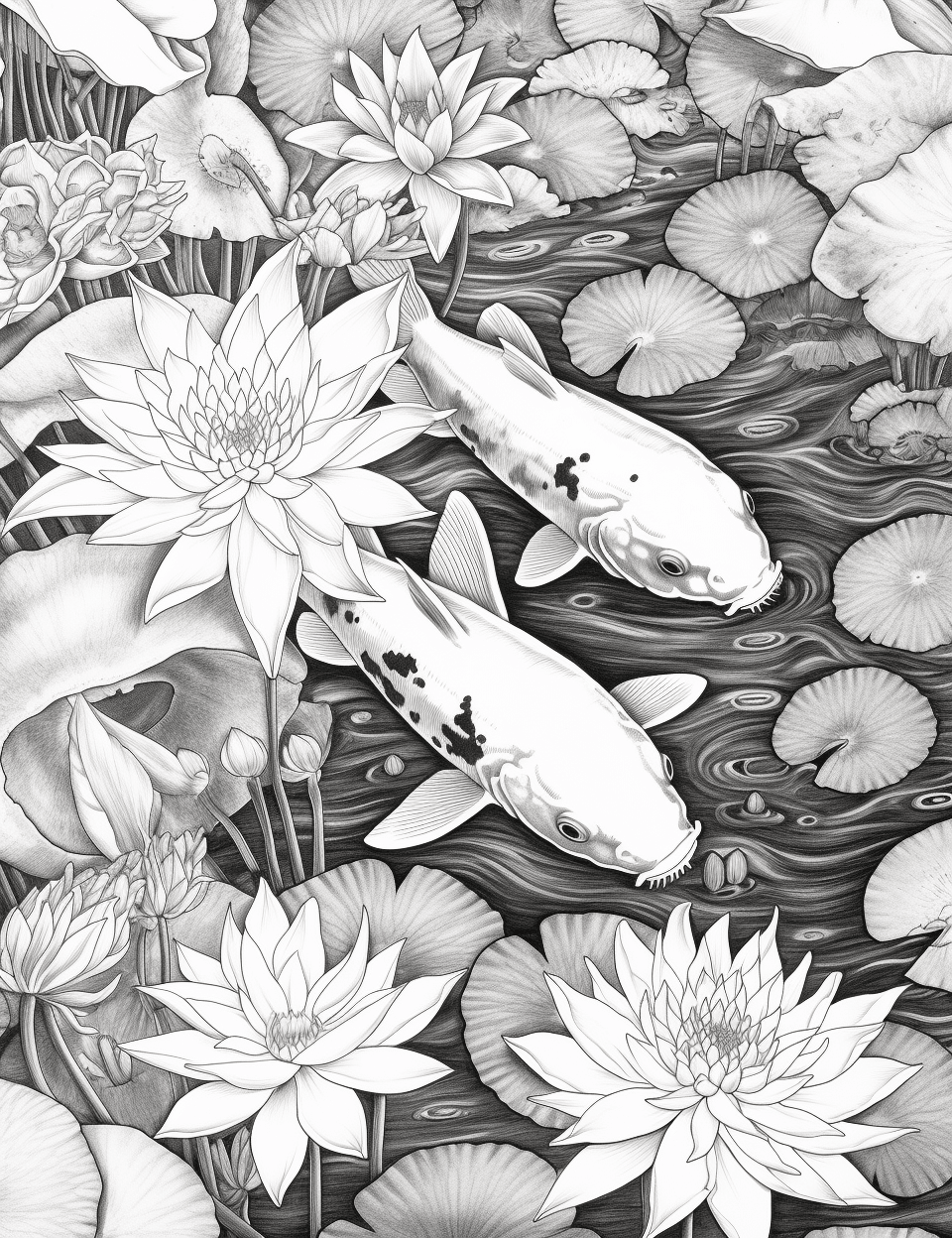 40 Tranquil Koi Pond Grayscale Adult Coloring Pages, Printable PDF Instant Download