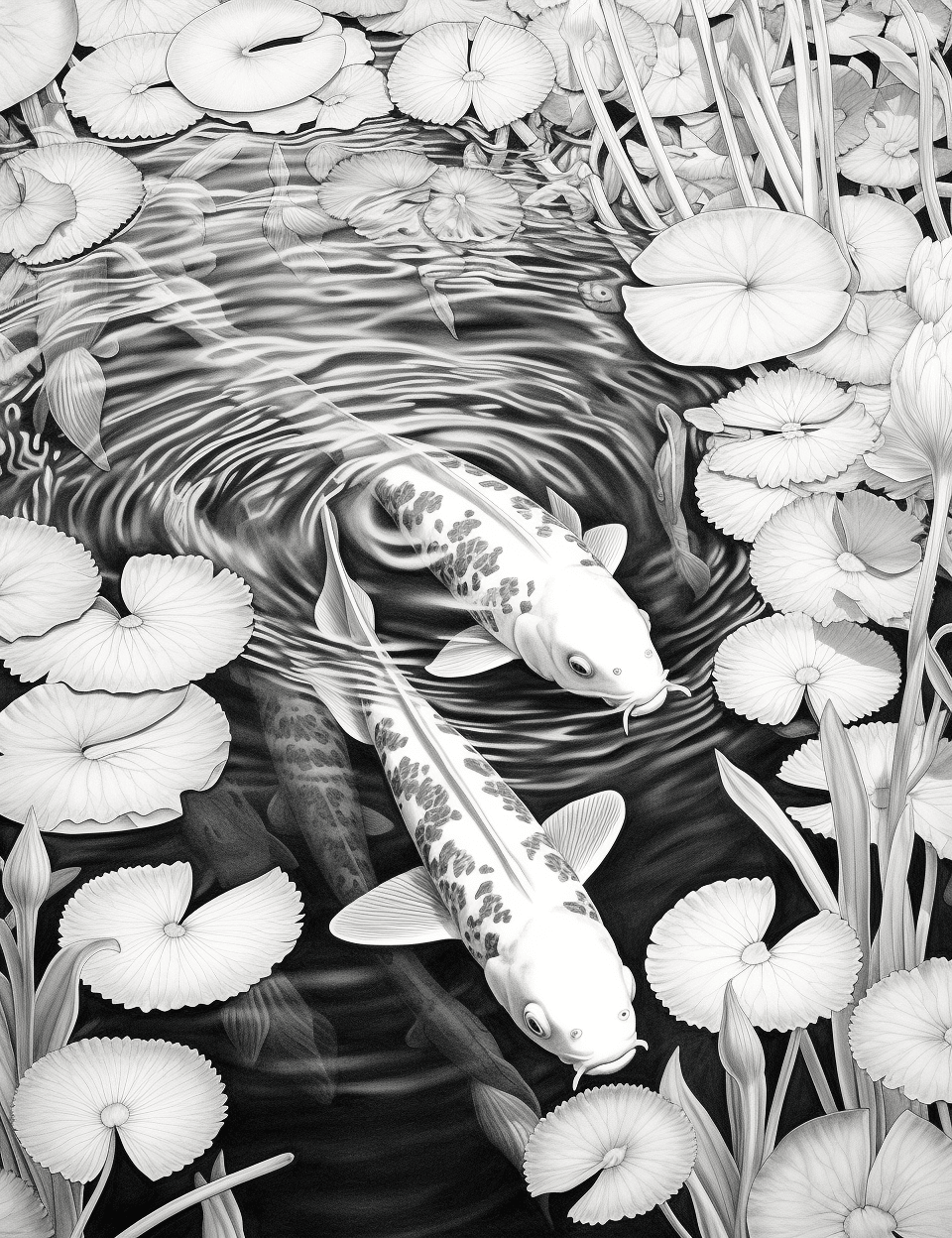 40 Tranquil Koi Pond Grayscale Adult Coloring Pages, Printable PDF Instant Download