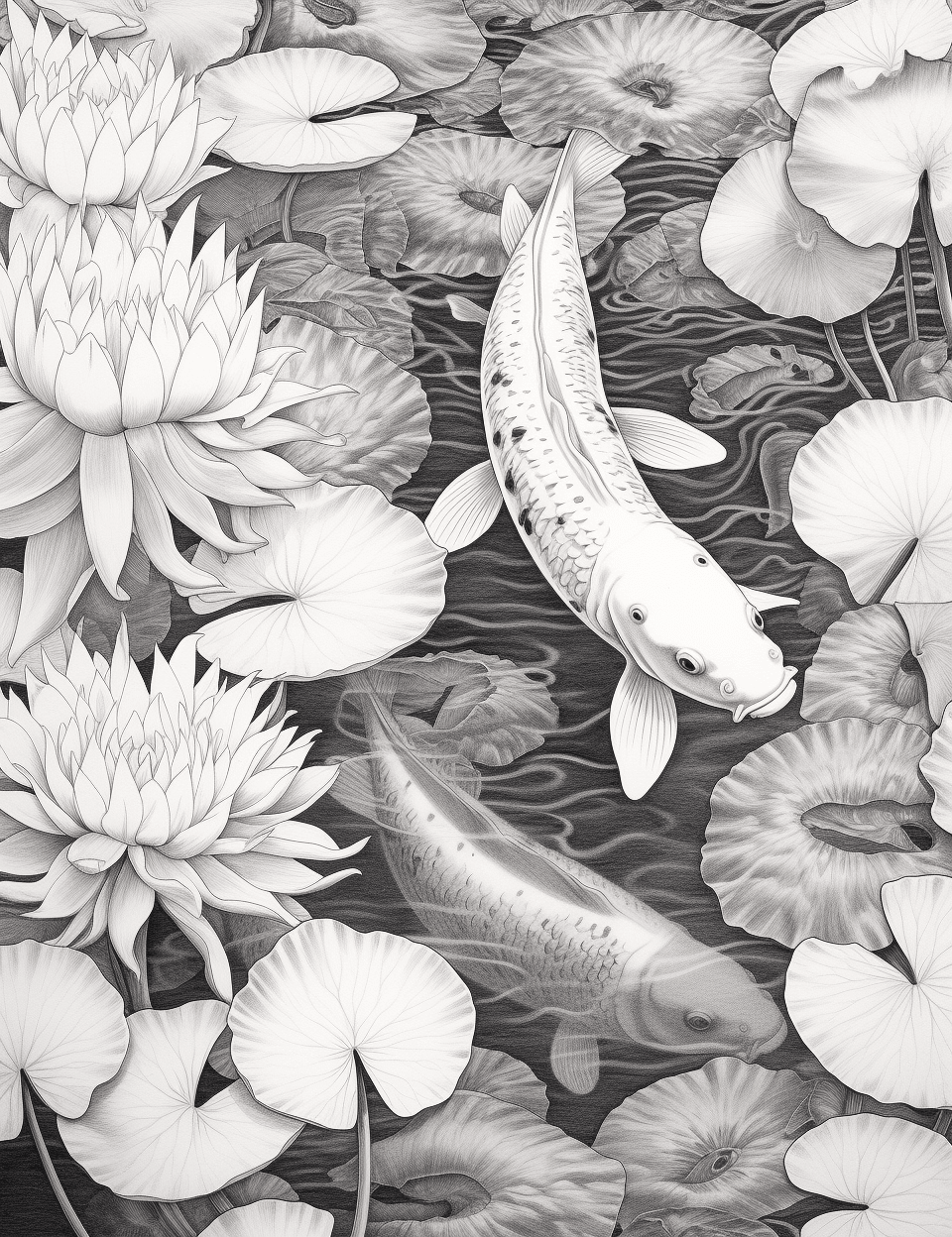 40 Tranquil Koi Pond Grayscale Adult Coloring Pages, Printable PDF Instant Download