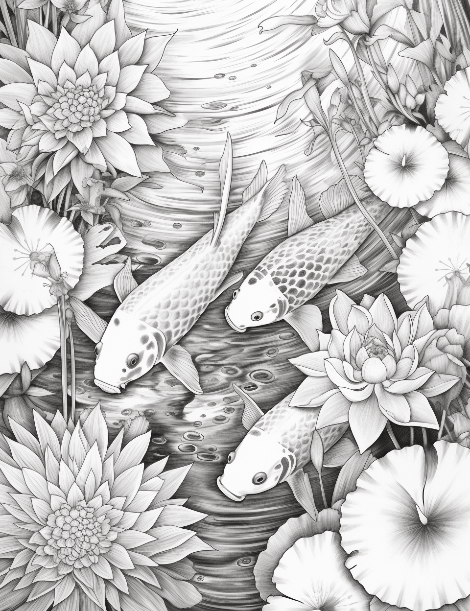 40 Tranquil Koi Pond Grayscale Adult Coloring Pages, Printable PDF Instant Download
