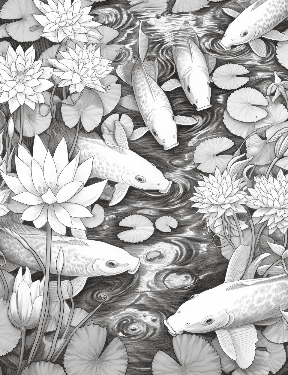 40 Tranquil Koi Pond Grayscale Adult Coloring Pages, Printable PDF Instant Download