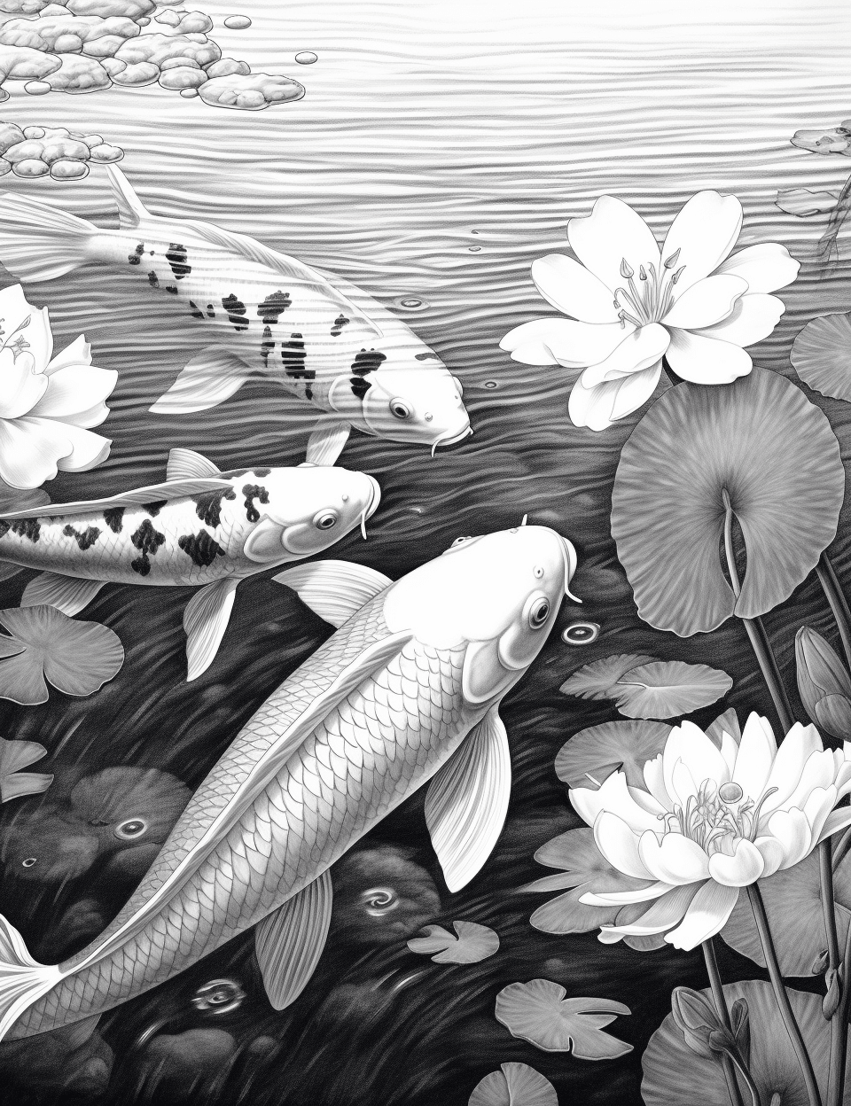 40 Tranquil Koi Pond Grayscale Adult Coloring Pages, Printable PDF Instant Download