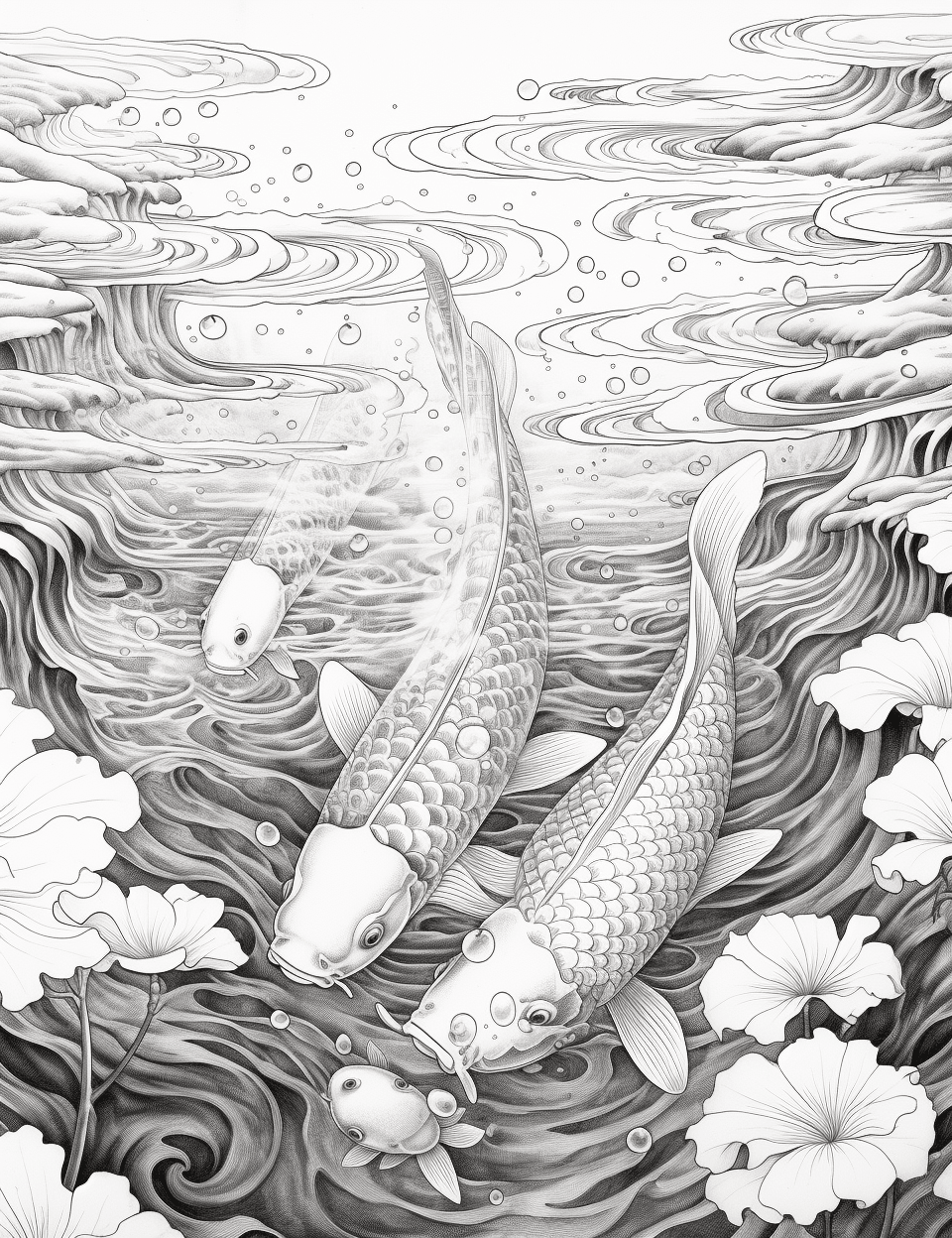 40 Tranquil Koi Pond Grayscale Adult Coloring Pages, Printable PDF Instant Download