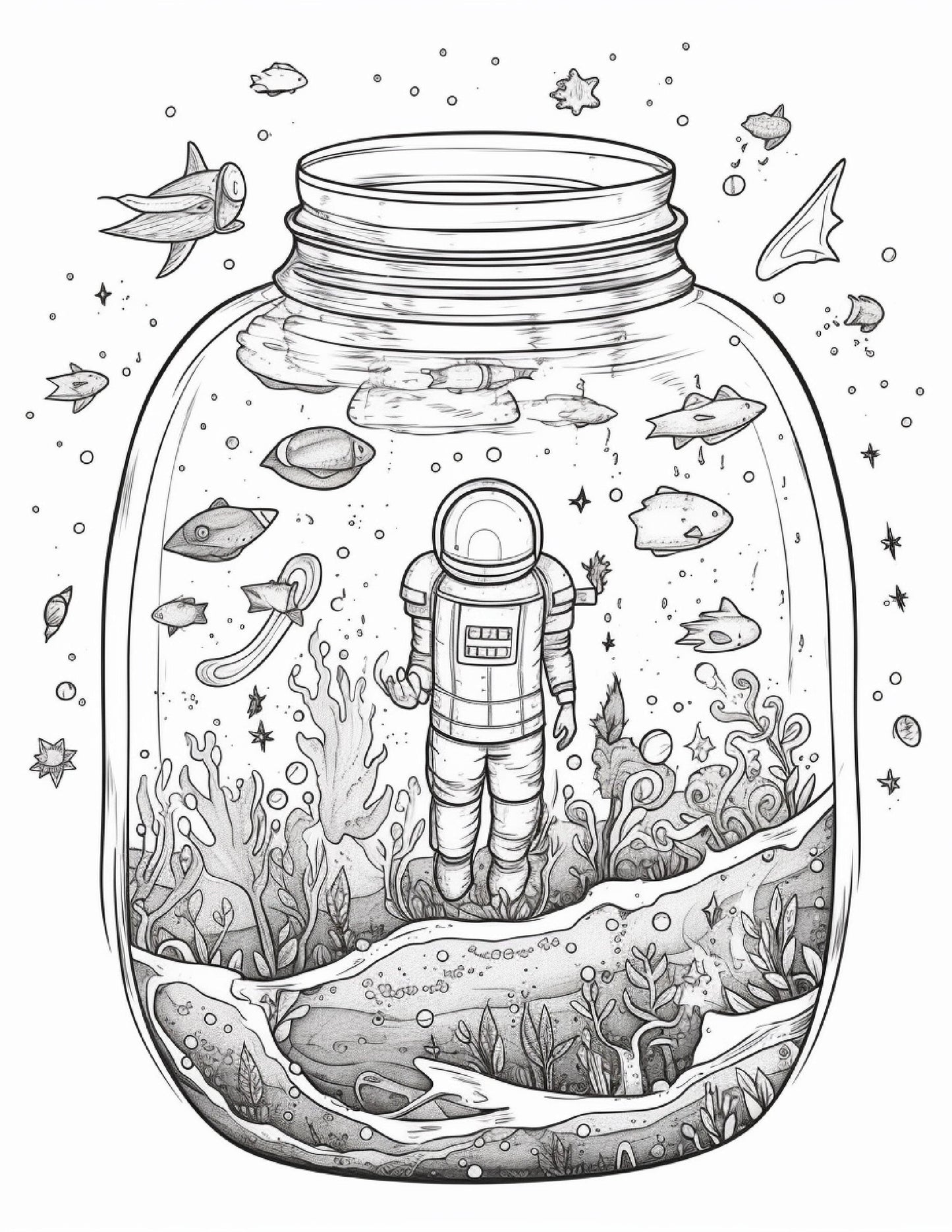 64 Life Inside Jar Printable Coloring Pages for Adults, Grayscale Coloring Book, Printable PDF File Download