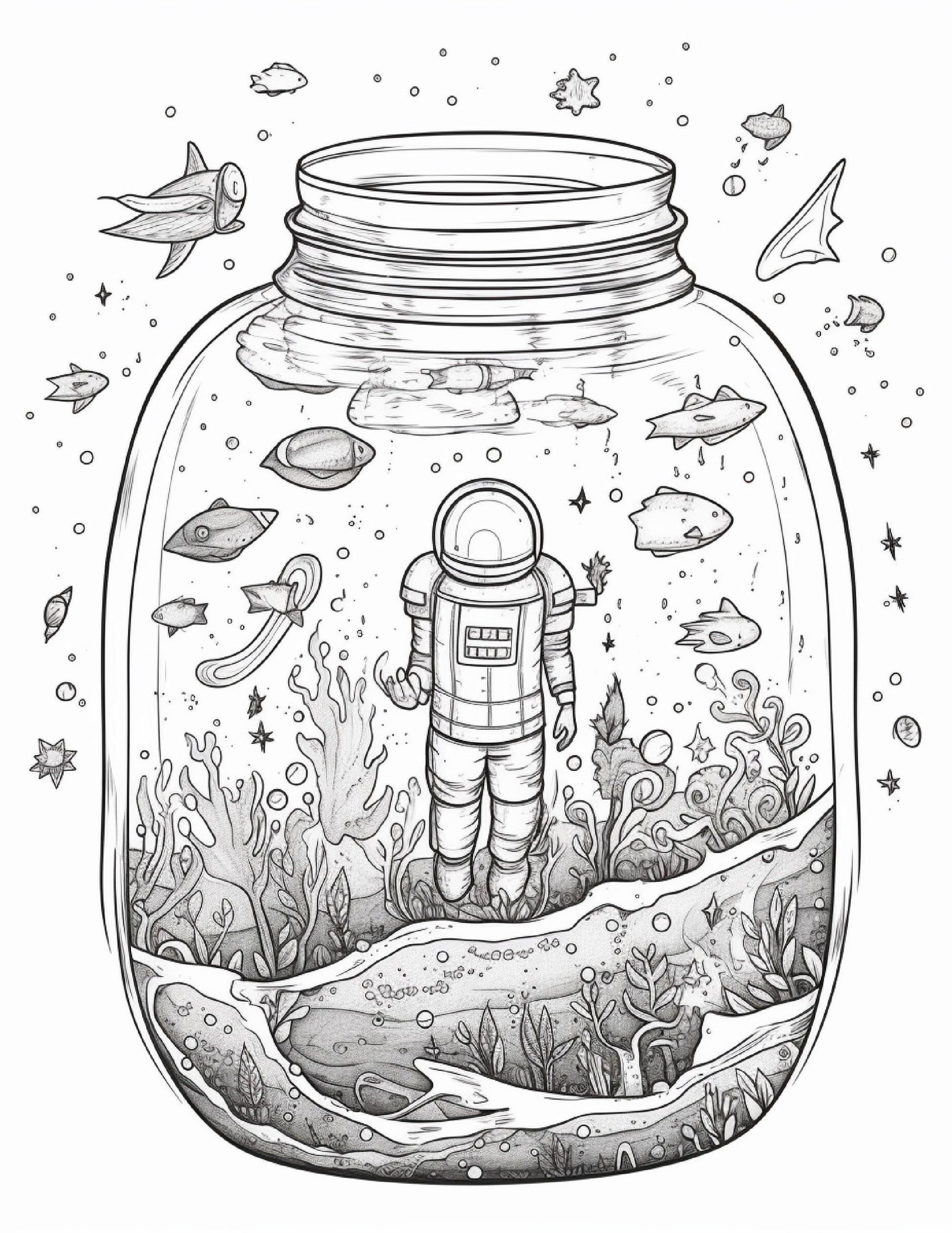 64 Life Inside Jar Printable Coloring Pages for Adults, Grayscale Coloring Book, Printable PDF File Download