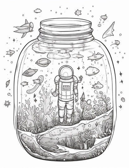 64 Life Inside Jar Printable Coloring Pages for Adults, Grayscale Coloring Book, Printable PDF File Download