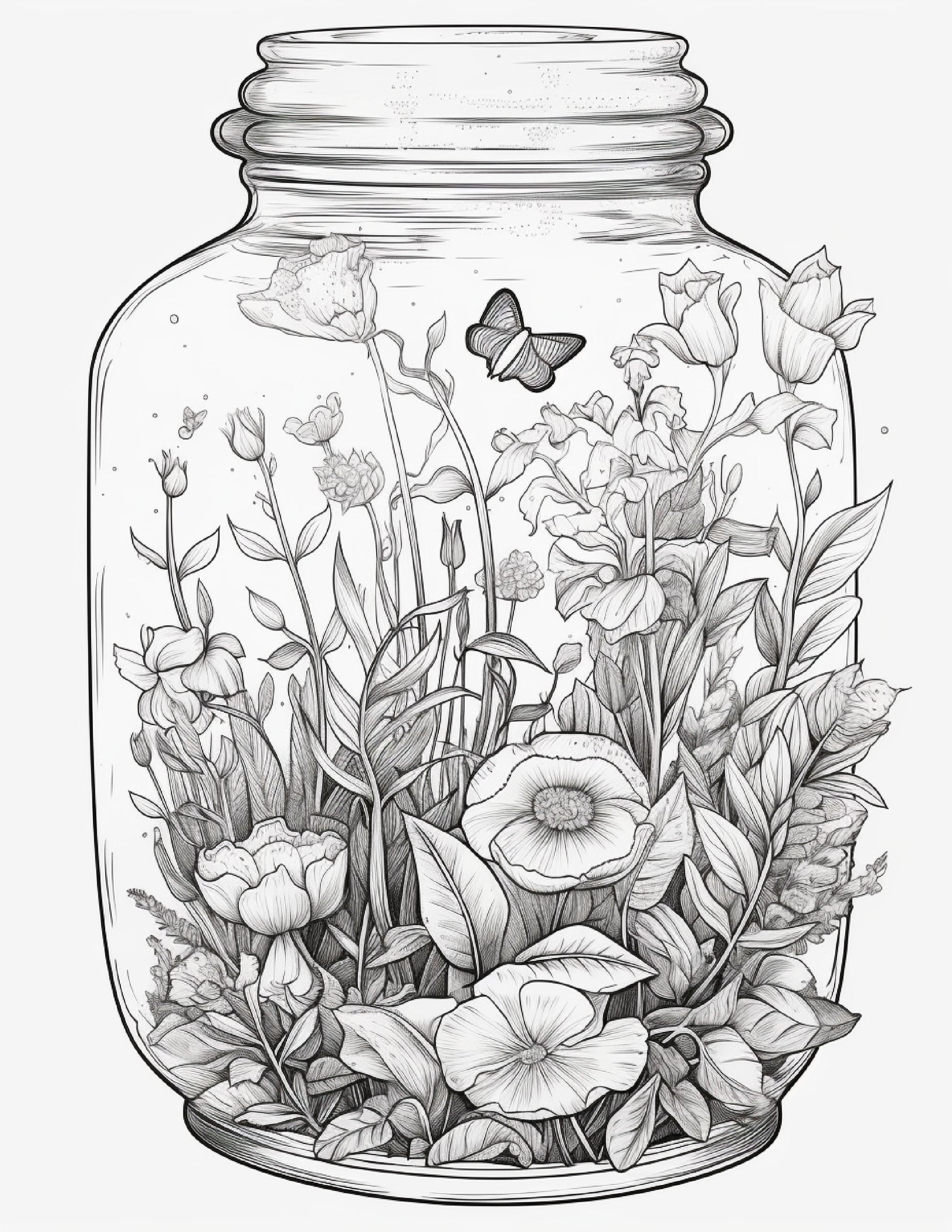64 Life Inside Jar Printable Coloring Pages for Adults, Grayscale Coloring Book, Printable PDF File Download