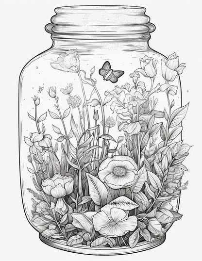 64 Life Inside Jar Printable Coloring Pages for Adults, Grayscale Coloring Book, Printable PDF File Download