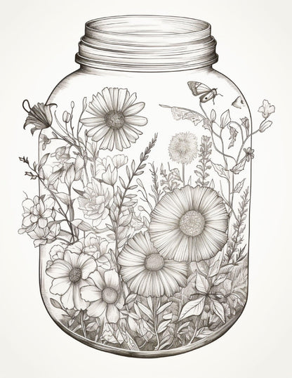 64 Life Inside Jar Printable Coloring Pages for Adults, Grayscale Coloring Book, Printable PDF File Download