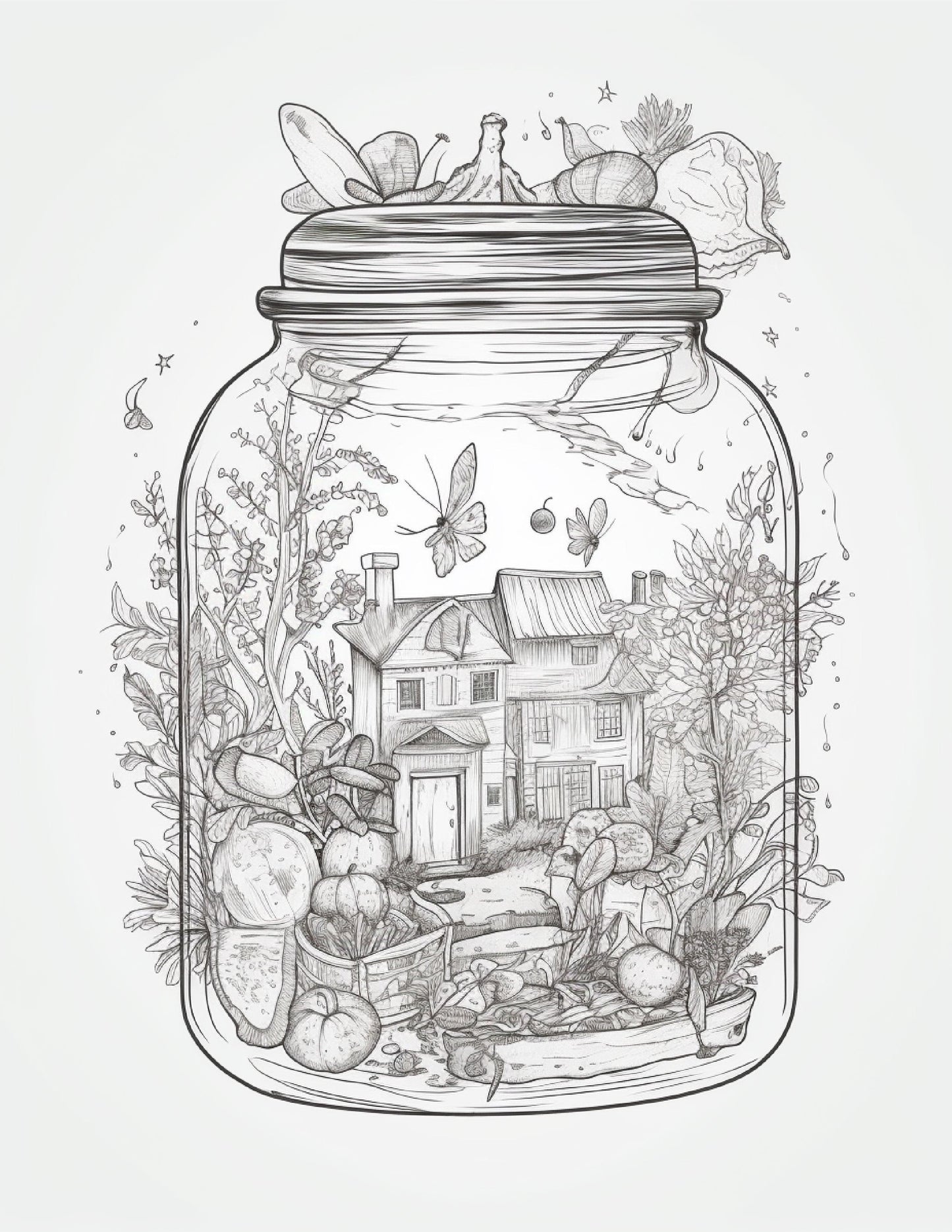 64 Life Inside Jar Printable Coloring Pages for Adults, Grayscale Coloring Book, Printable PDF File Download
