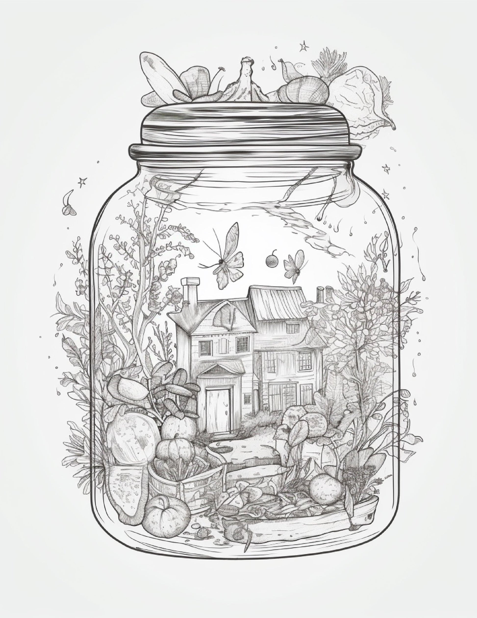 64 Life Inside Jar Printable Coloring Pages for Adults, Grayscale Coloring Book, Printable PDF File Download