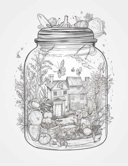 64 Life Inside Jar Printable Coloring Pages for Adults, Grayscale Coloring Book, Printable PDF File Download