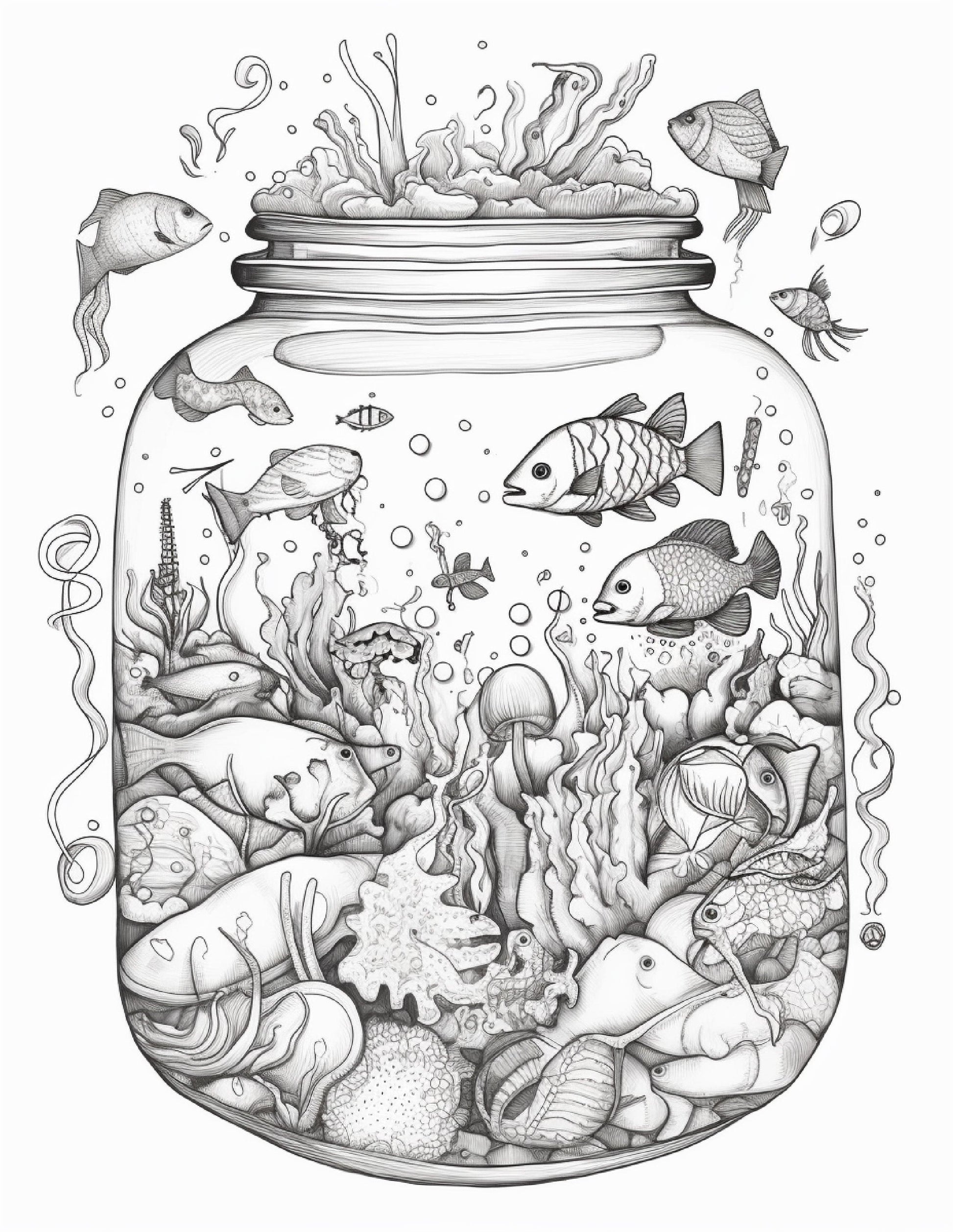 64 Life Inside Jar Printable Coloring Pages for Adults, Grayscale Coloring Book, Printable PDF File Download